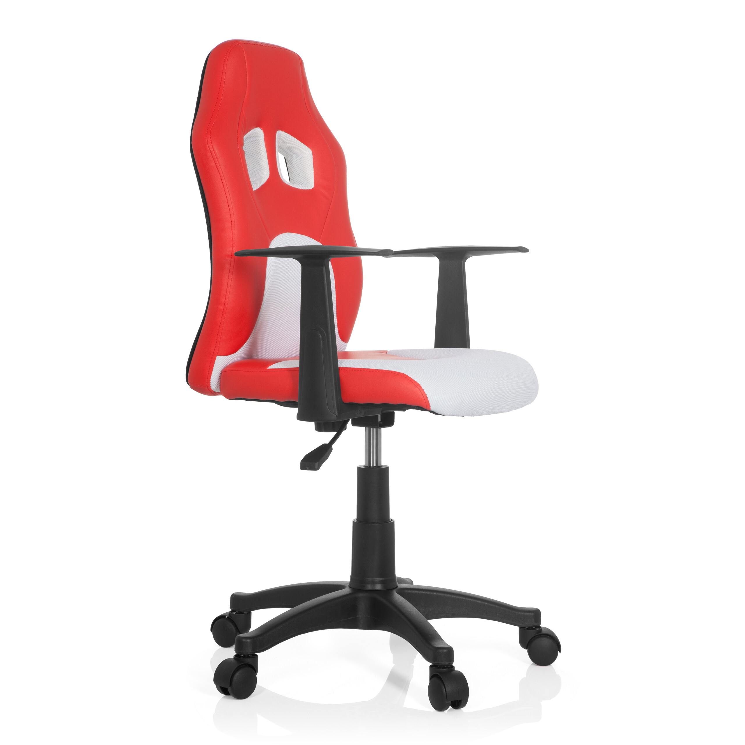 Roter und weißer Gaming-Stuhl. Er hat ein schwarzes Gestell mit Rollen und Armlehnen.