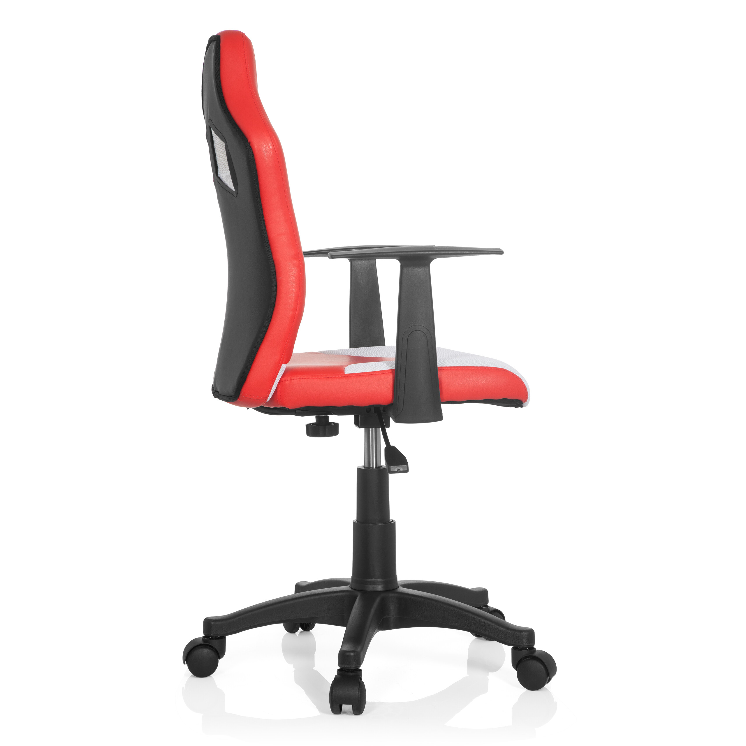 Seitenansicht eines roten, schwarzen und weißen Gaming-Stuhls.