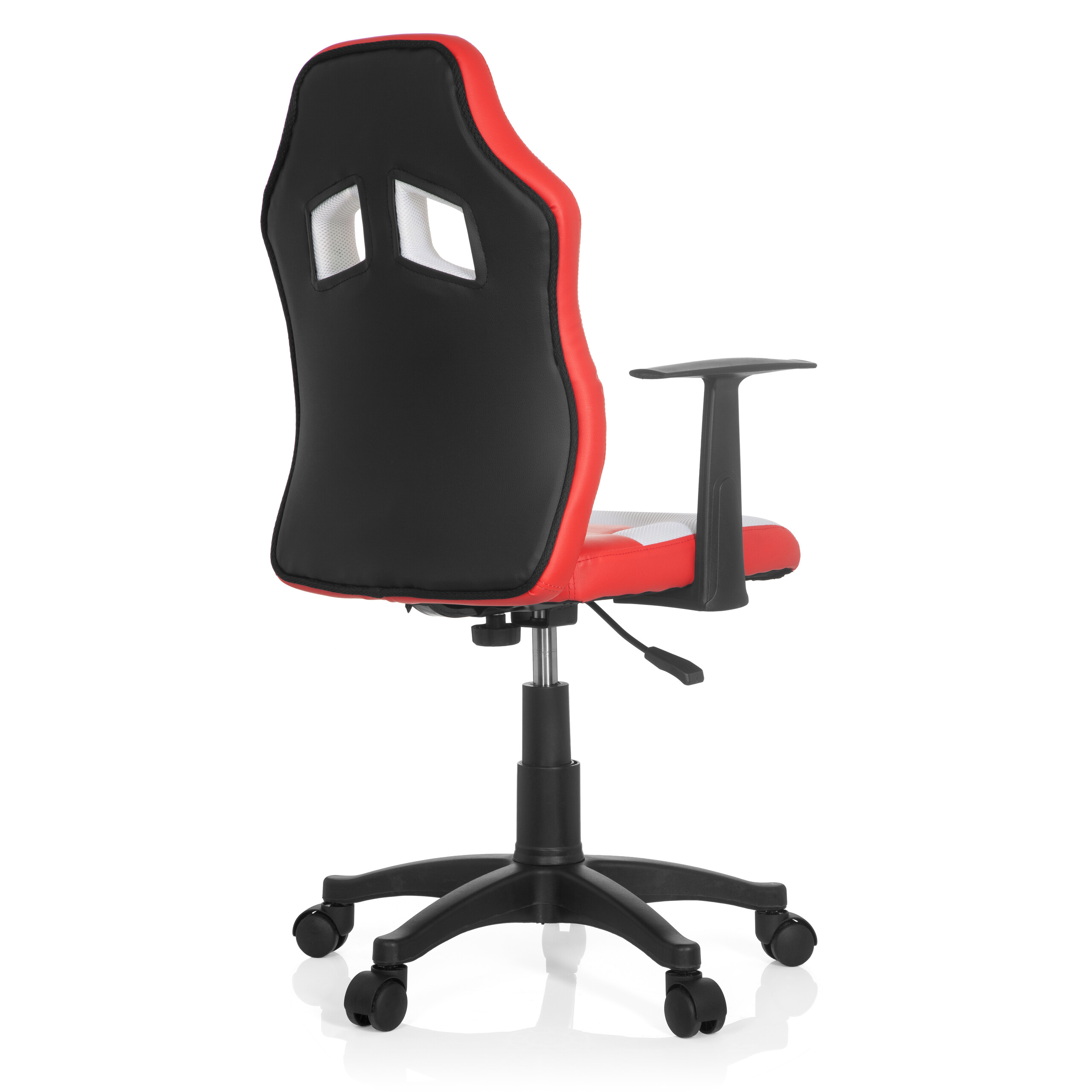Die Rückansicht eines rot-schwarzen Gaming-Stuhls auf weißem Hintergrund. Arme und schwarzes Gestell sind sichtbar.