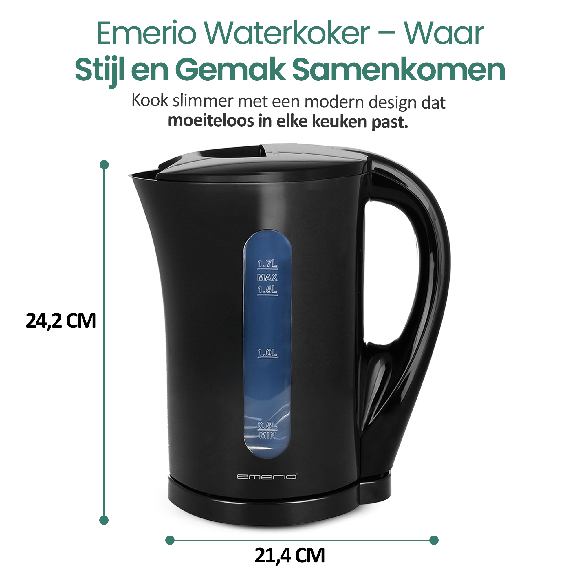 Zwarte waterkoker, met waterniveau-indicator en afmetingen.