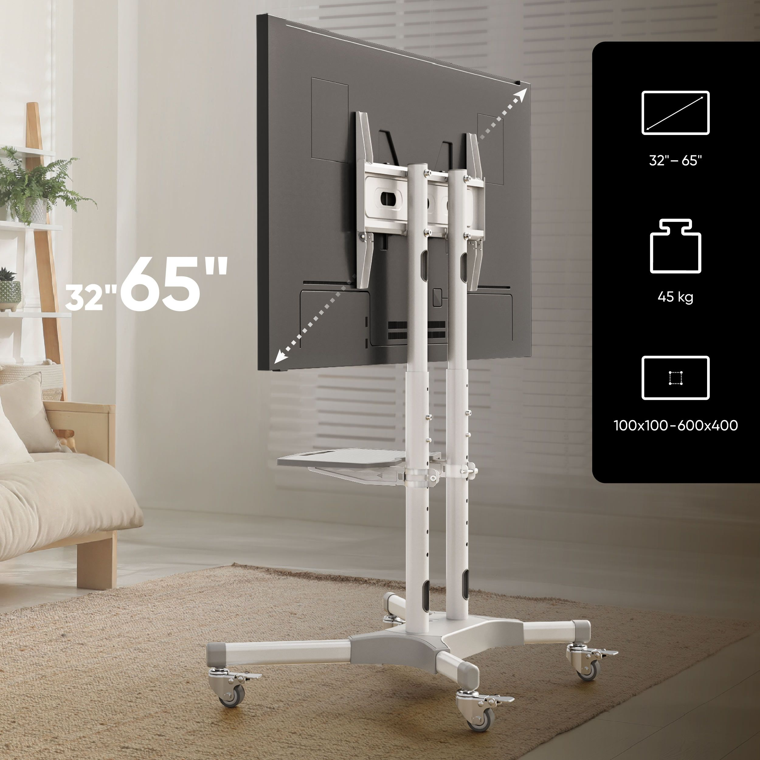Telewizor na białym stojaku. Dane techniczne: ekran 32-65 cali, waga 45 kg, VESA 100x100-600x400.