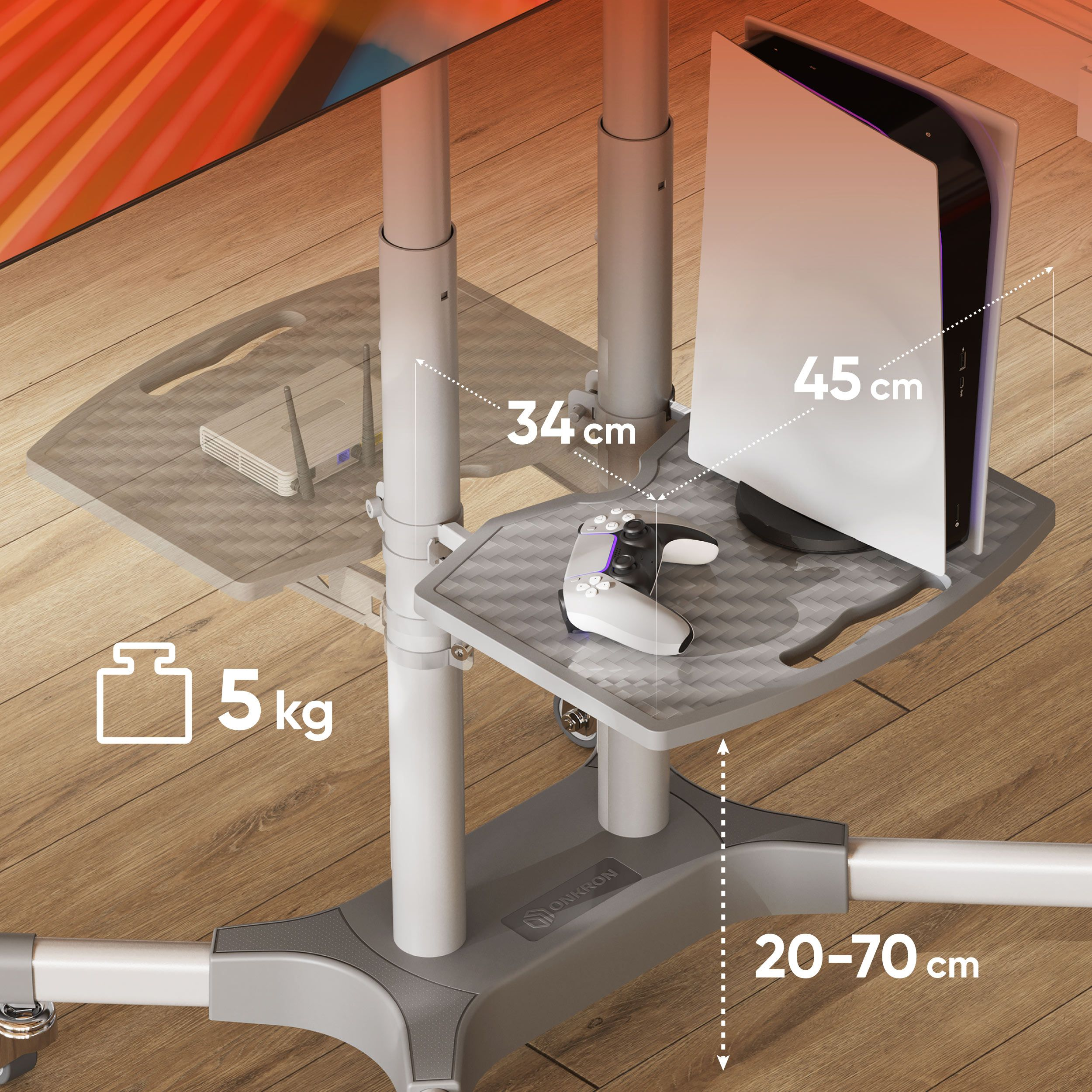Zbliżenie stojaka pod telewizor z konsolą i routerem. Wymiary wyświetlane na ekranie.