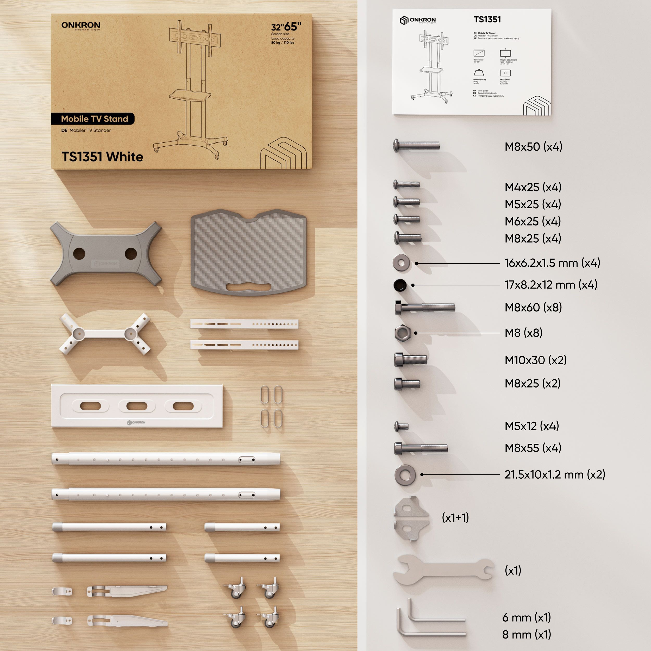 Widok rozstrzelony stojaka pod telewizor i jego elementów, w tym śrub, śrub i innych części.
