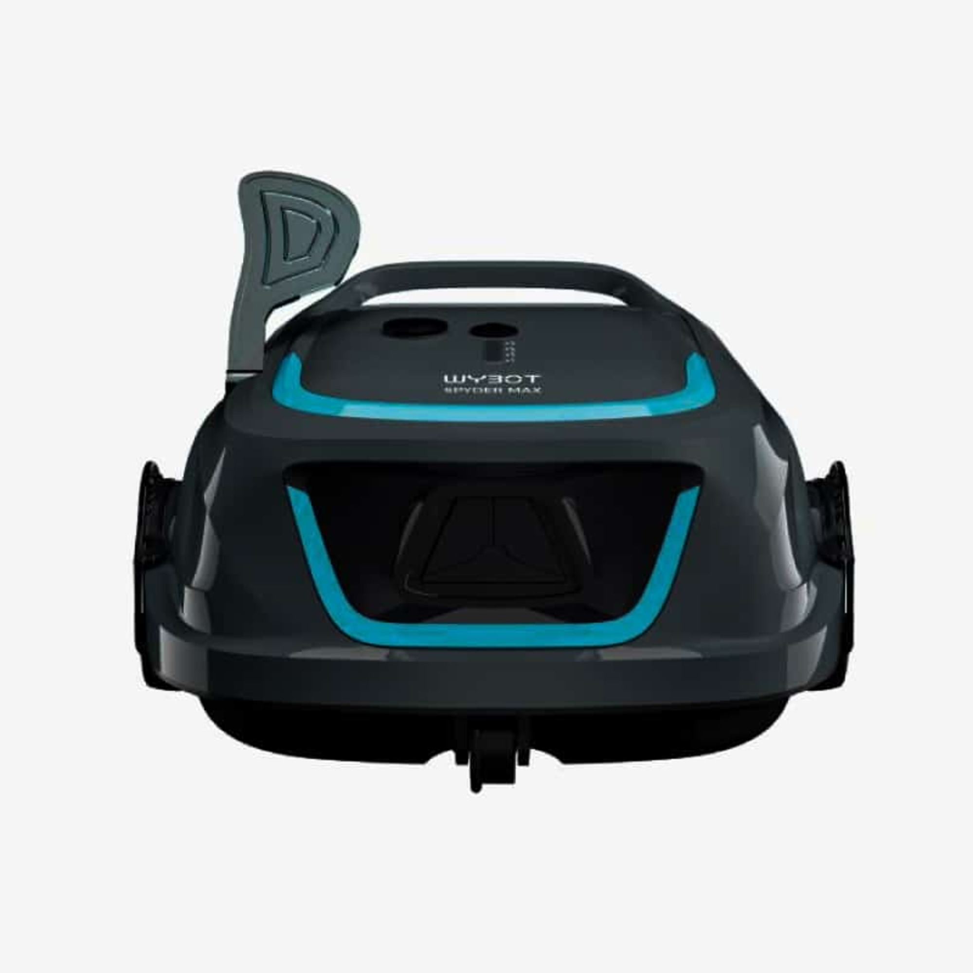 Un robot limpiador de piscinas con asa y el texto "WYBOT SPYDER MAX".