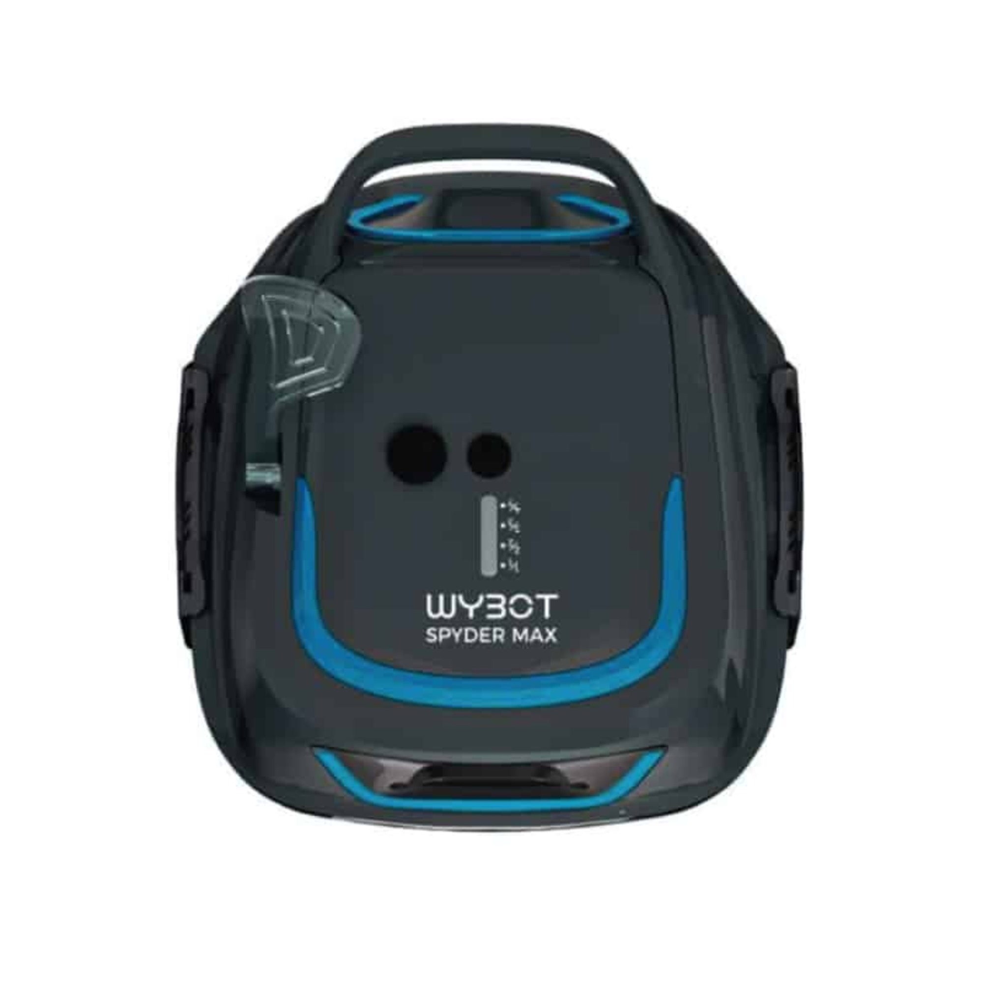 Vista superior de un limpiador de piscina robótico WYBOT Spyder MAX con detalles azules.