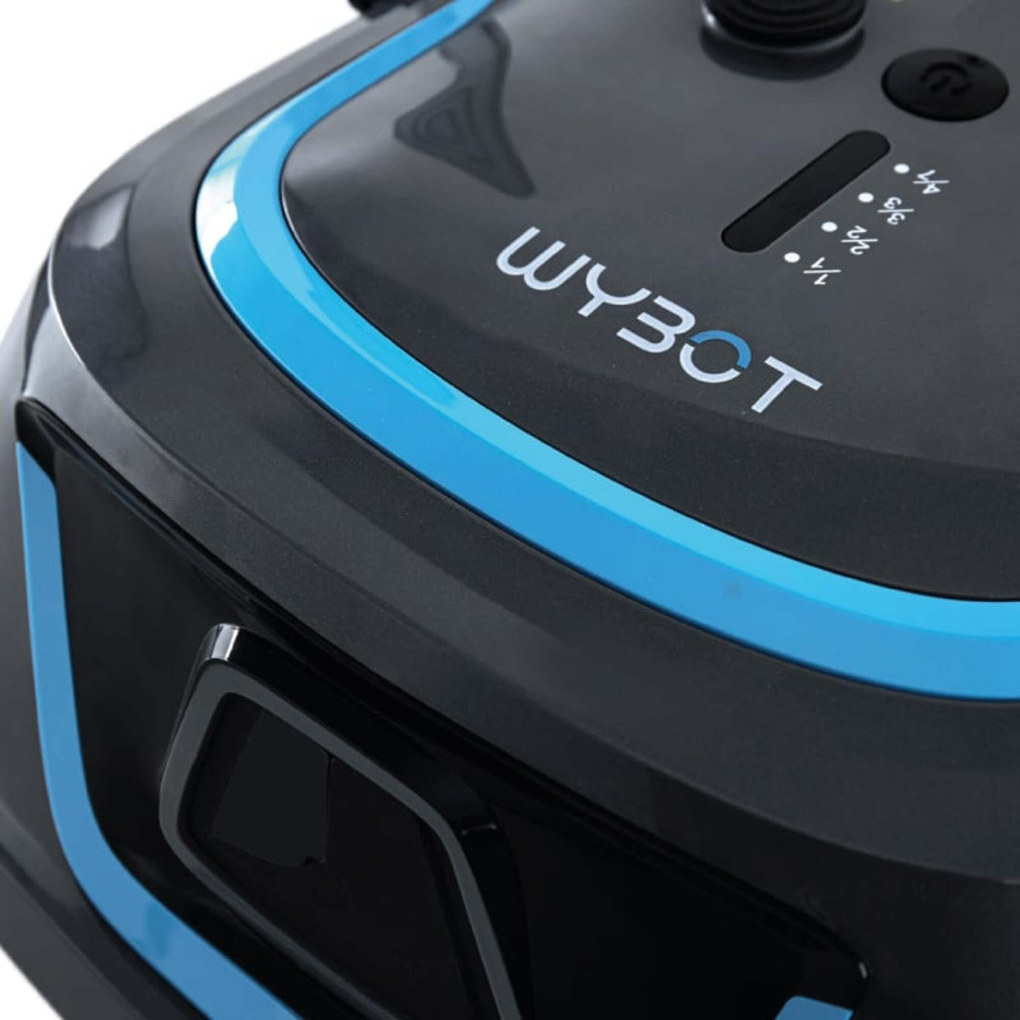 Primer plano de un robot aspirador negro y azul. La marca "WYBOT" es visible en la parte superior.
