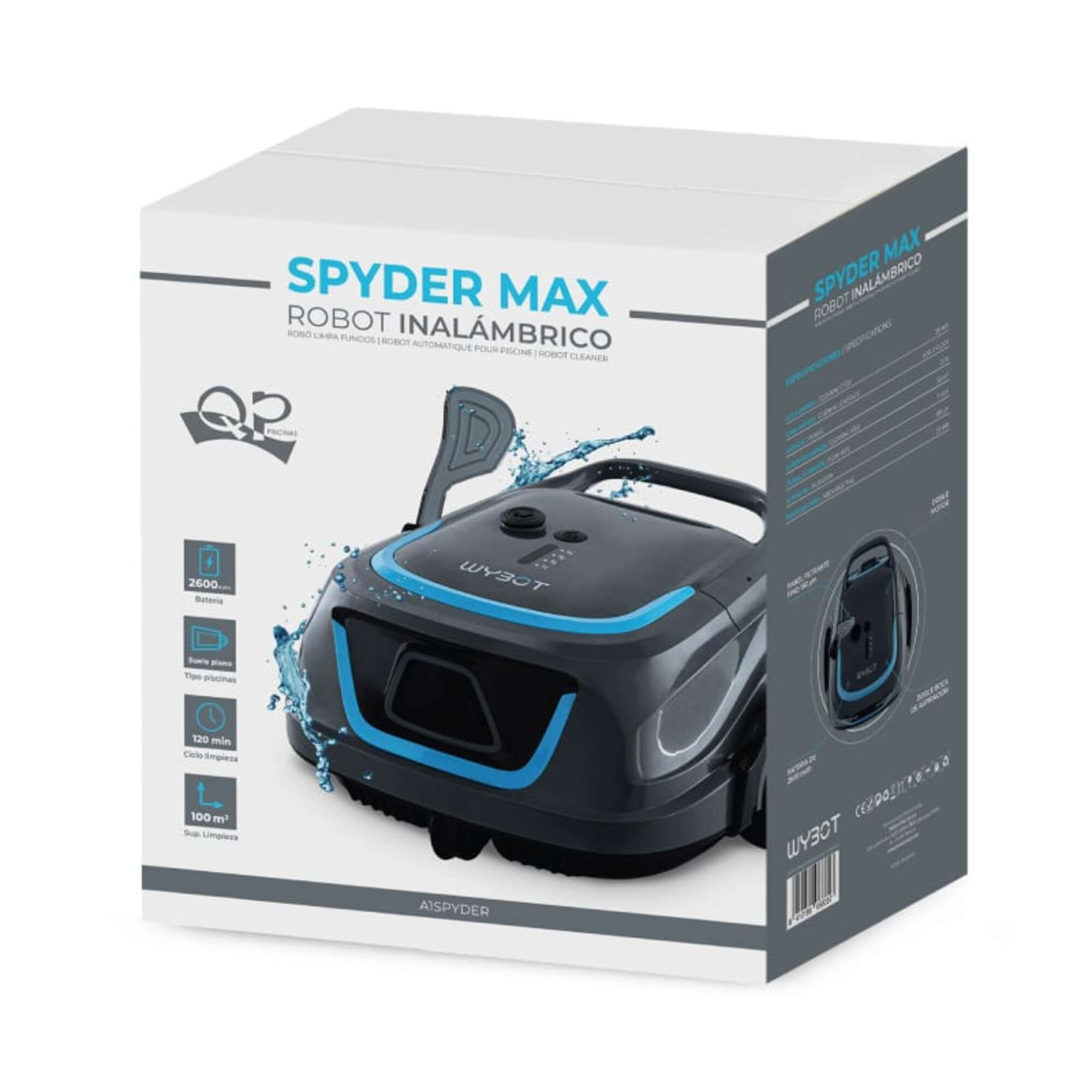 Robot aspirador en caja. Diseño negro y azul, efecto salpicaduras de agua. Texto: Spyder Max, Wybot, ciclo de 120 min.