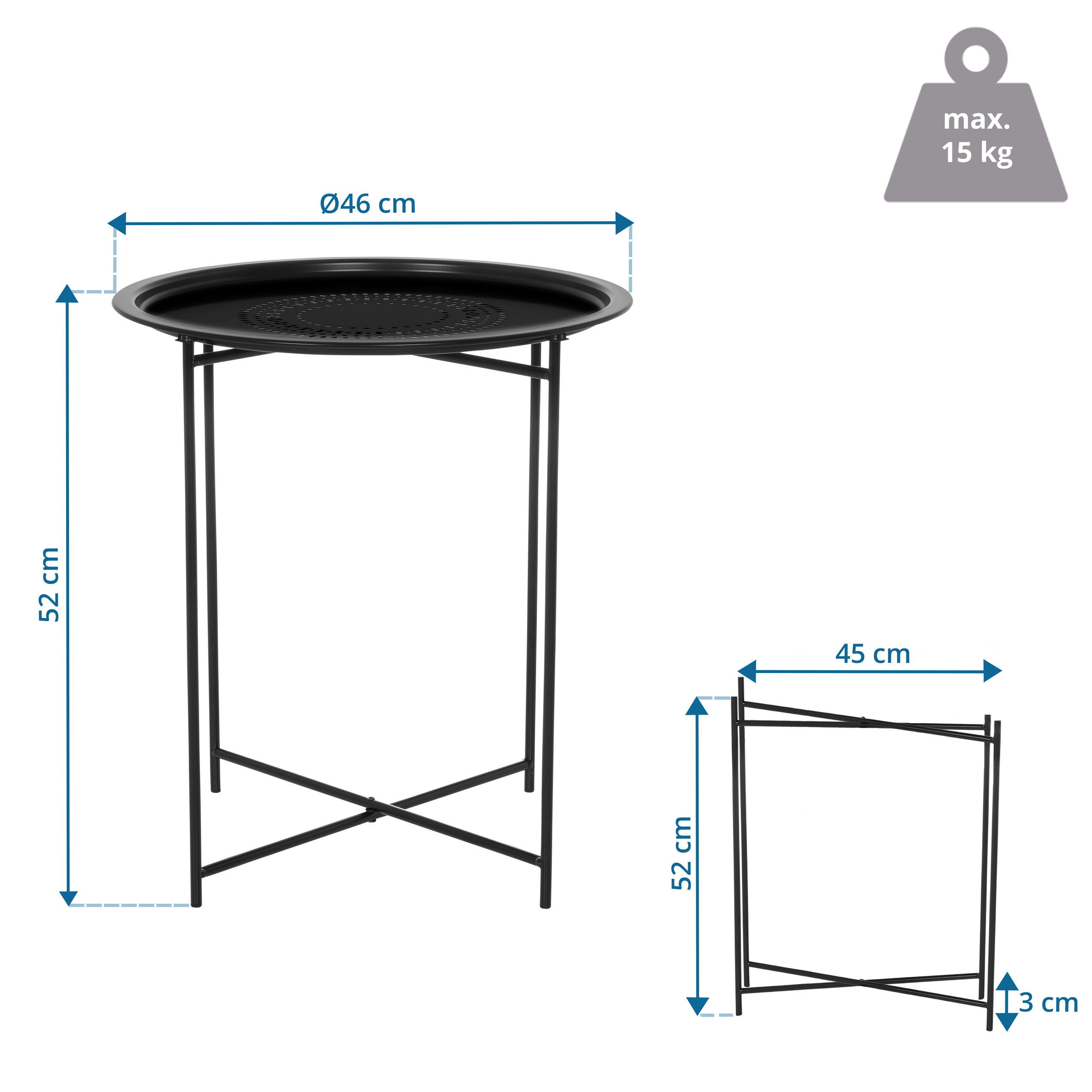 Schwarzer Beistelltisch mit Abmessungen. Der Tisch ist 52 cm hoch und hat einen Durchmesser von 46 cm. Weißer Hintergrund.