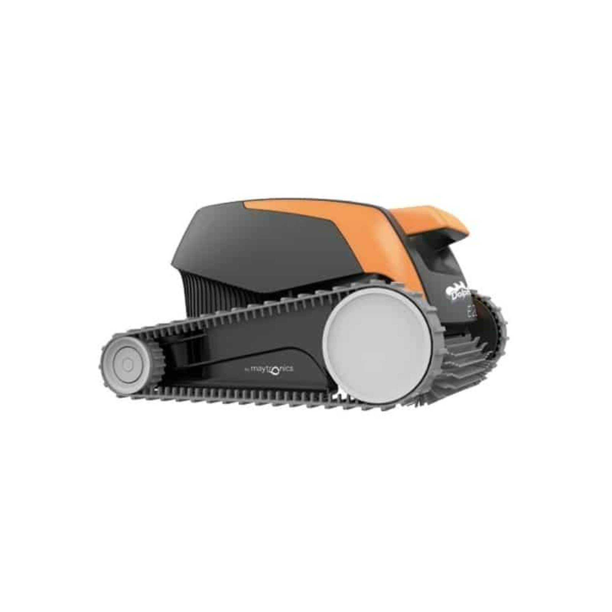 Un robot limpiador de piscinas con cuerpo negro y parte superior naranja, orugas y ruedas.