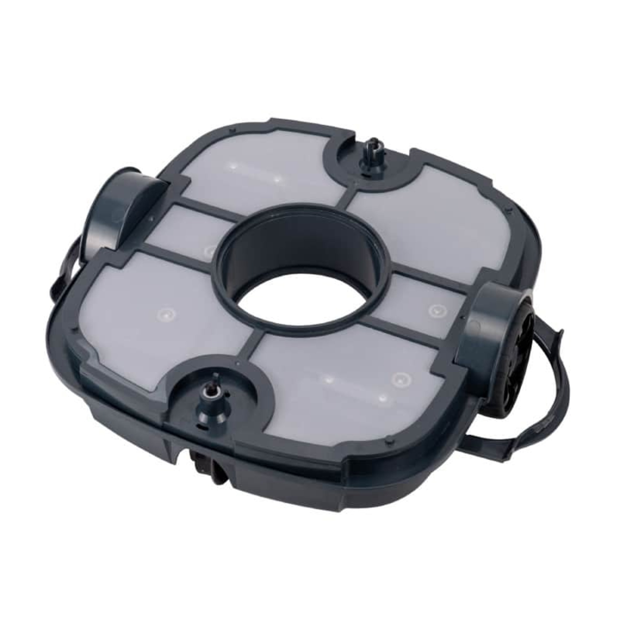Unidad de filtro de piscina. La unidad es gris, con múltiples filtros circulares. Hay varias asas de plástico.