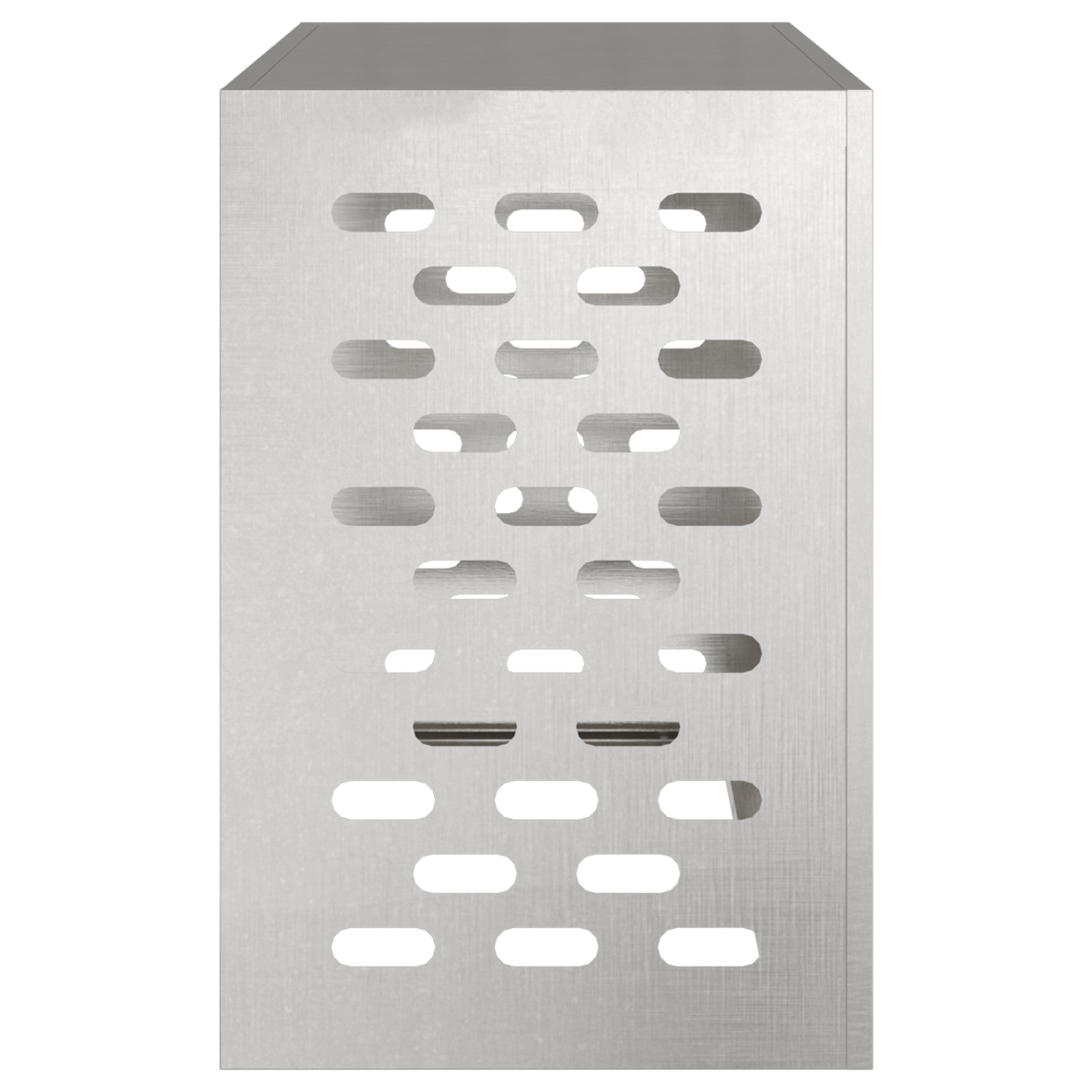 Metallschrank mit ovalen Ausschnitten. Die Oberfläche hat ein gebürstetes Metallfinish.
