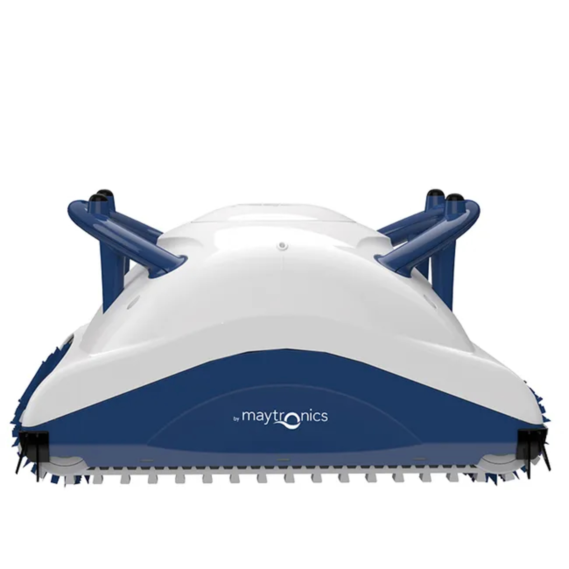 Limpiador de piscinas robótico blanco y azul con la marca 'by maytronics'.