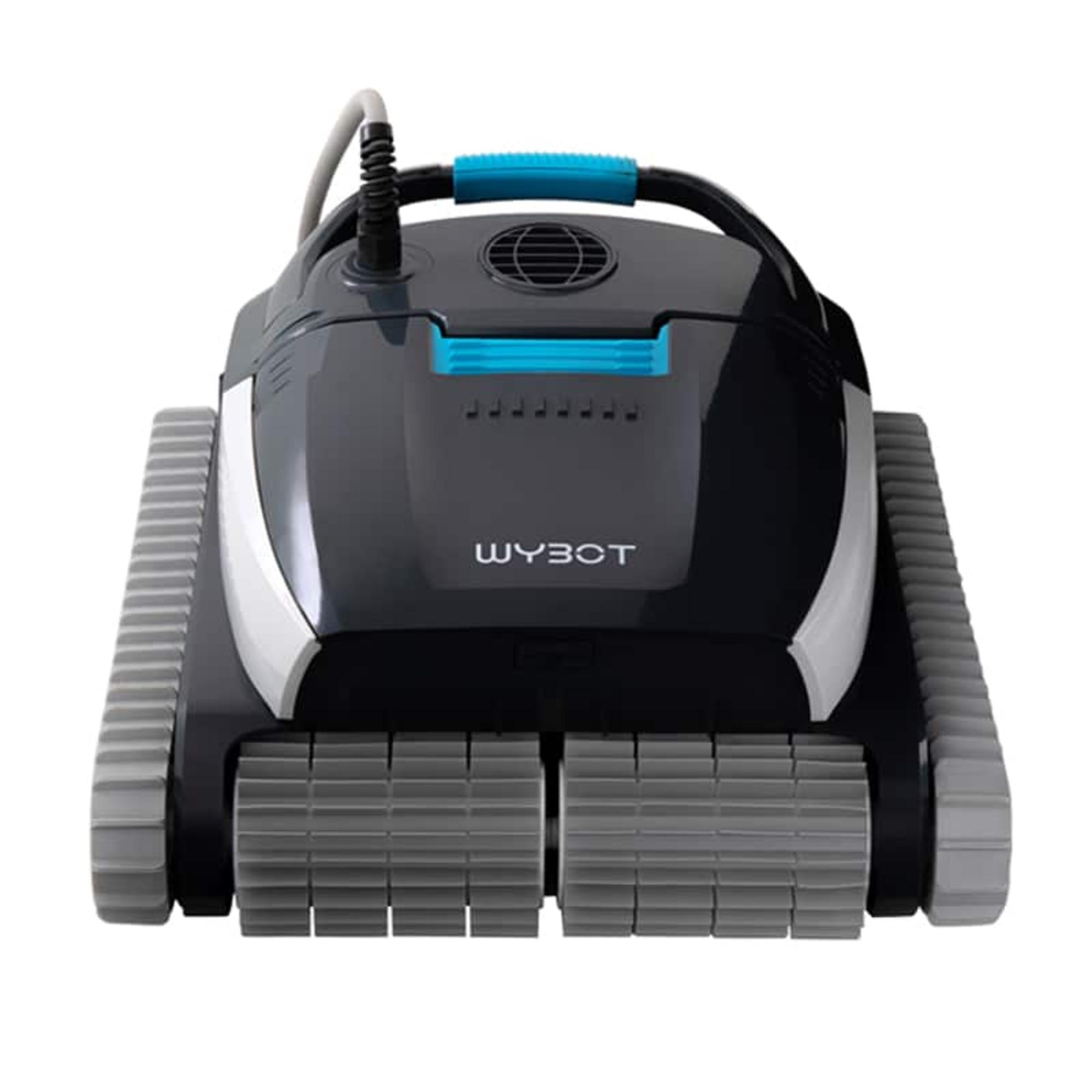Un robot limpiador de piscina negro y gris con orugas y un asa azul, aislado sobre blanco.
