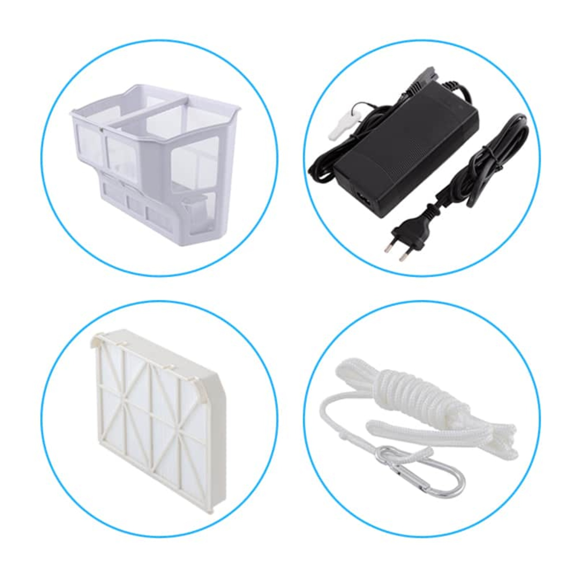 Un conjunto de accesorios para limpiafondos: un filtro, un adaptador de corriente y una cuerda.