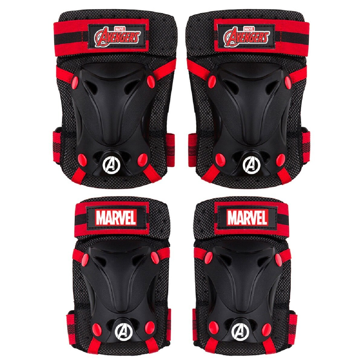 Vier Schutzpolster für Knie und Ellbogen, rot und schwarz, mit Avengers- und Marvel-Logos, für Kinder.