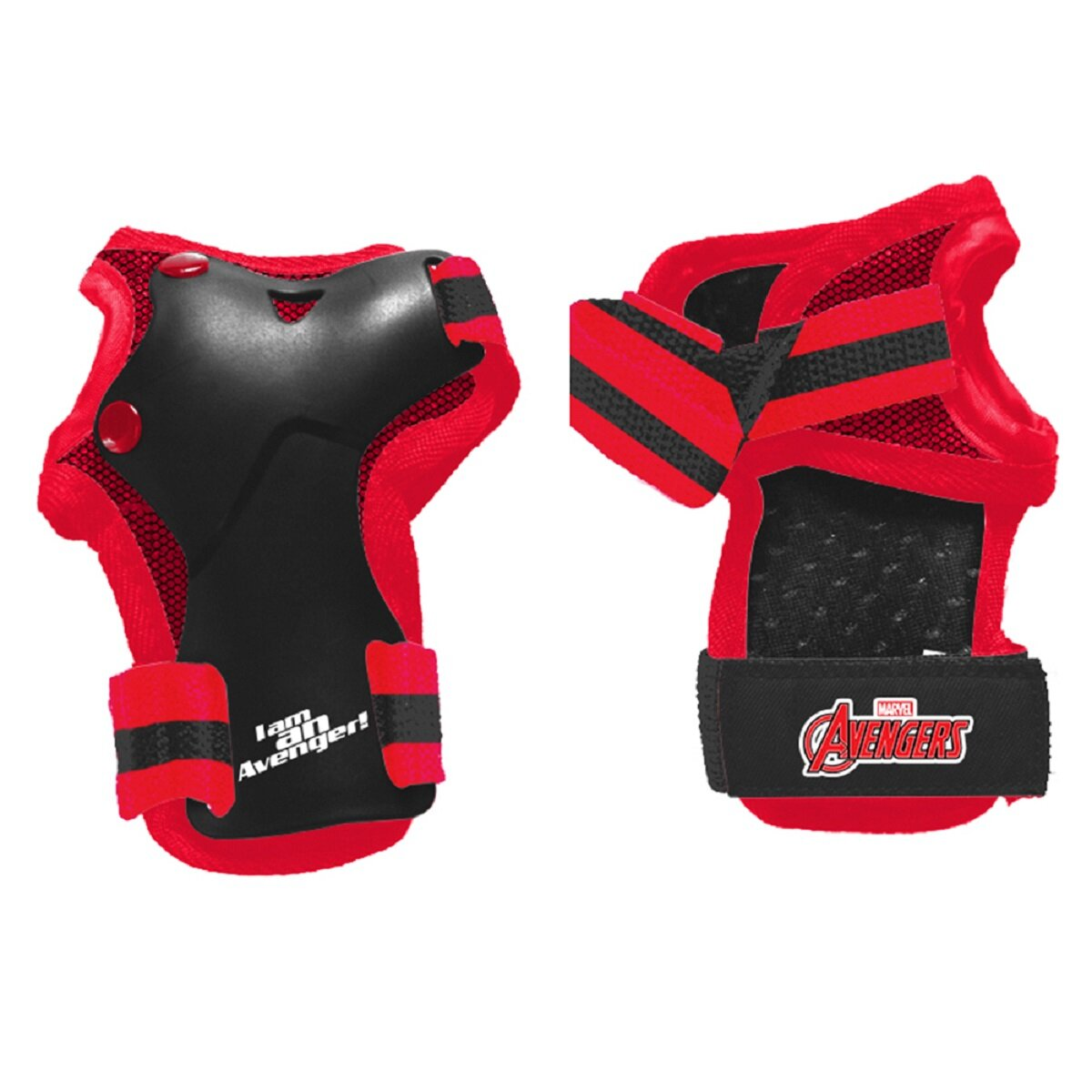 Rote und schwarze Schutzkleidung für Kinder, einschließlich Knie- und Ellenbogenschützern, mit Avengers-Logos.