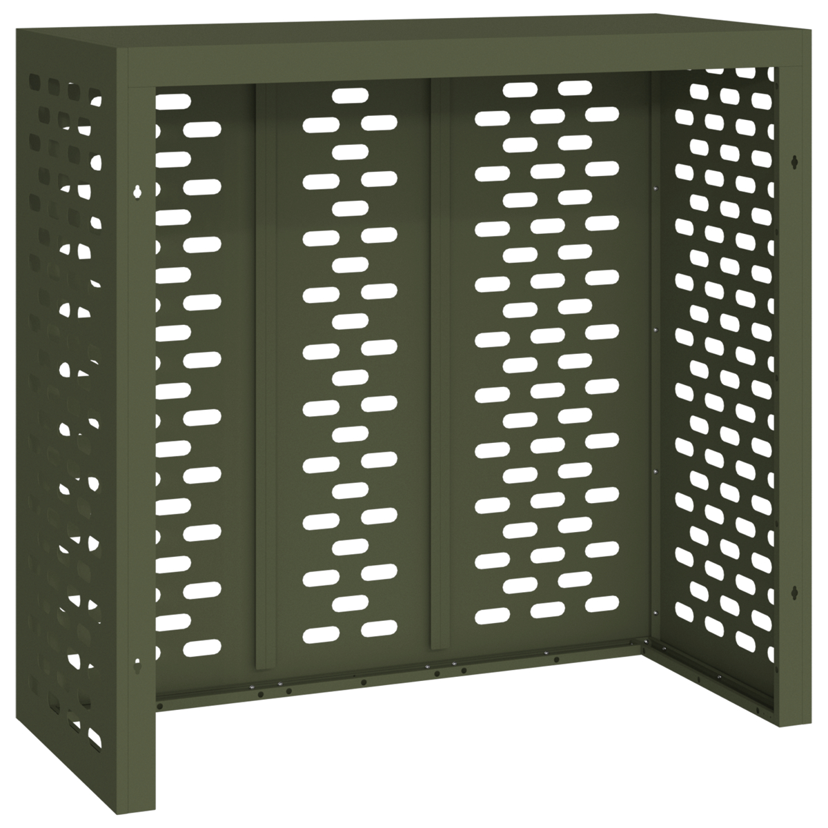 Ein grüner Metall-Outdoor-Schrank. Er hat ein schlichtes Design mit vertikalen Schlitzen.