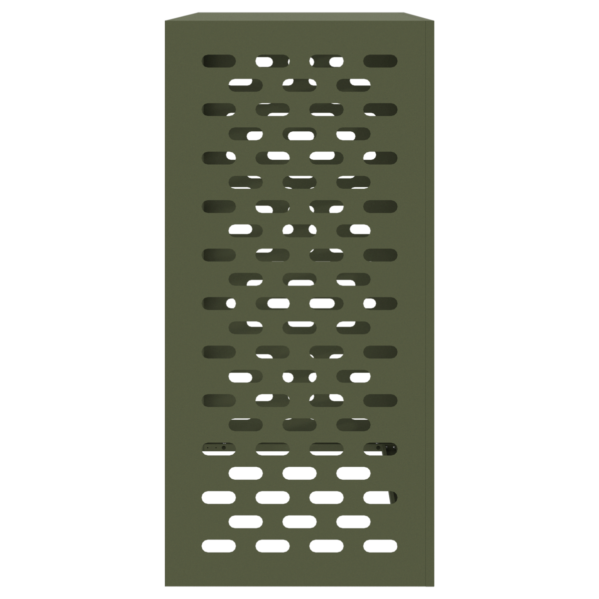 Ein grünes, rechteckiges Metallobjekt mit einem Muster aus ovalen Perforationen, die gleichmäßig über seine Oberfläche verteilt sind.