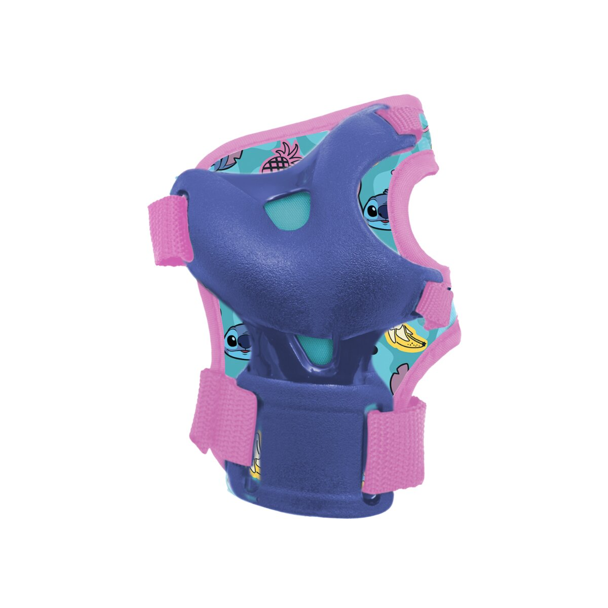 Ein blau-rosa Knieschützer mit Stitch-Design. Das Pad hat Riemen zur Befestigung.