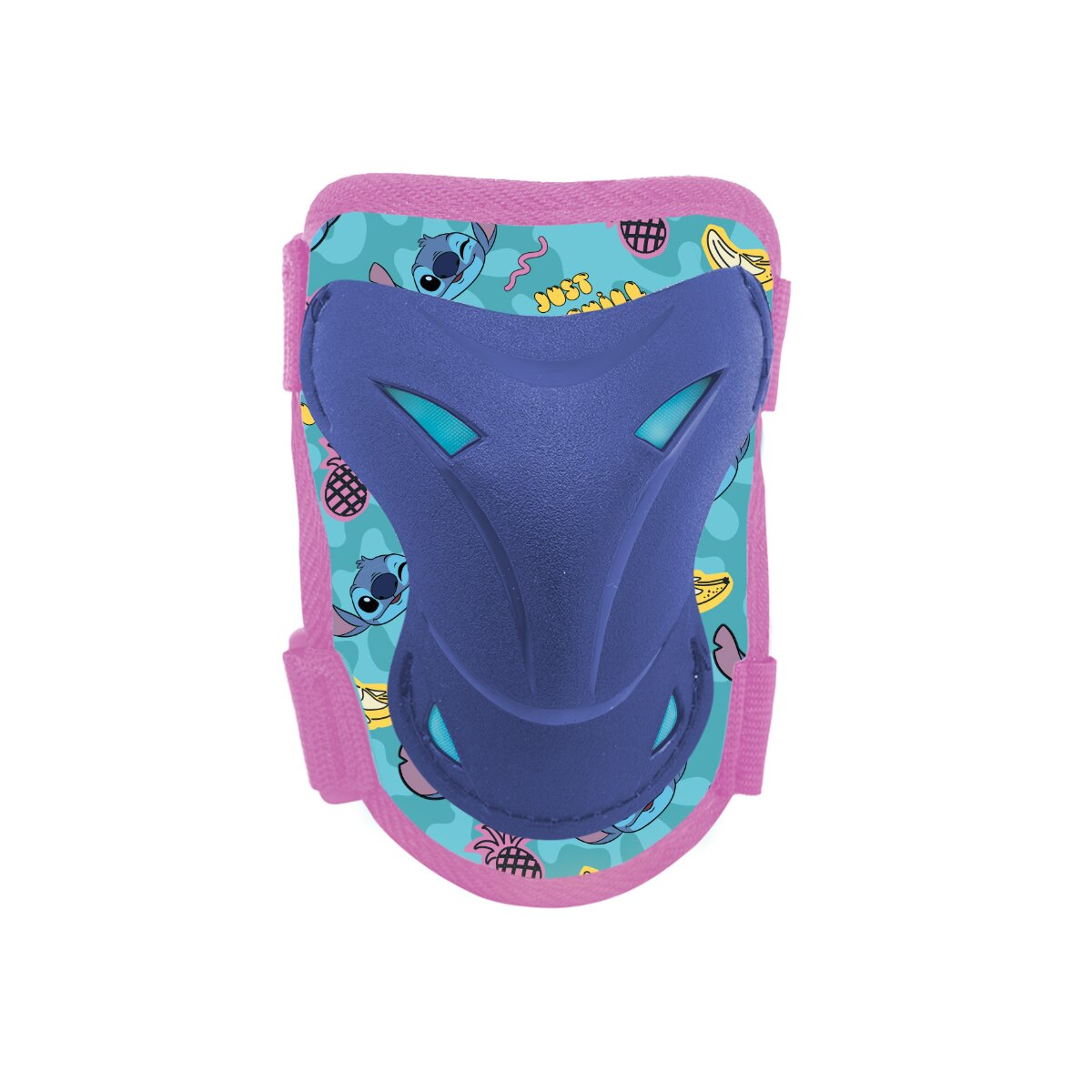 Ein blau-rosa Knieschützer mit Stitch-Design. Das Pad hat Riemen zur Befestigung.