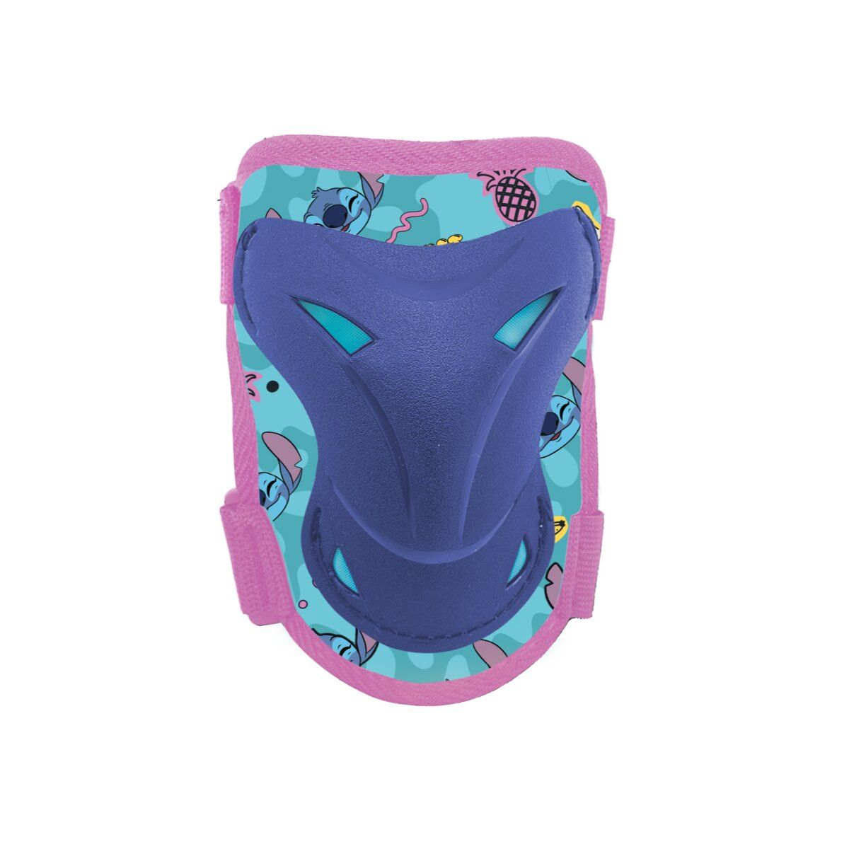 Ein blau-rosa Knieschützer mit Stitch-Design. Das Pad hat Riemen zur Befestigung.