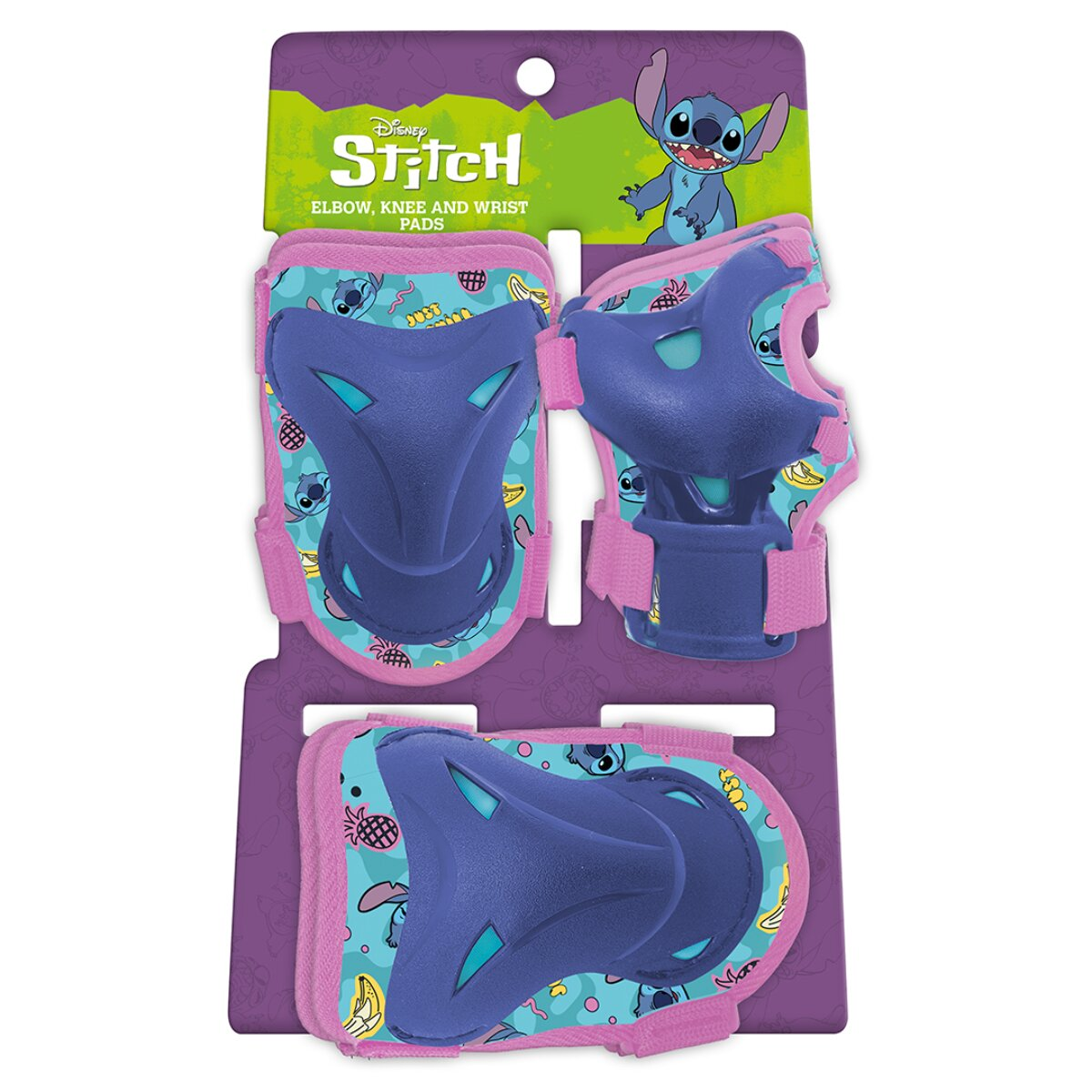 Ein Set von Ellenbogen-, Knie- und Handgelenkschützern im Disney Stitch-Design mit blauer Polsterung und rosa Riemen auf einer lila Rückseitenkarte.