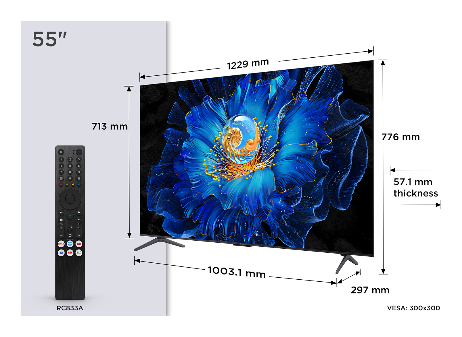 Una TV da 55 pollici con telecomando e dimensioni. La TV mostra un fiore blu.