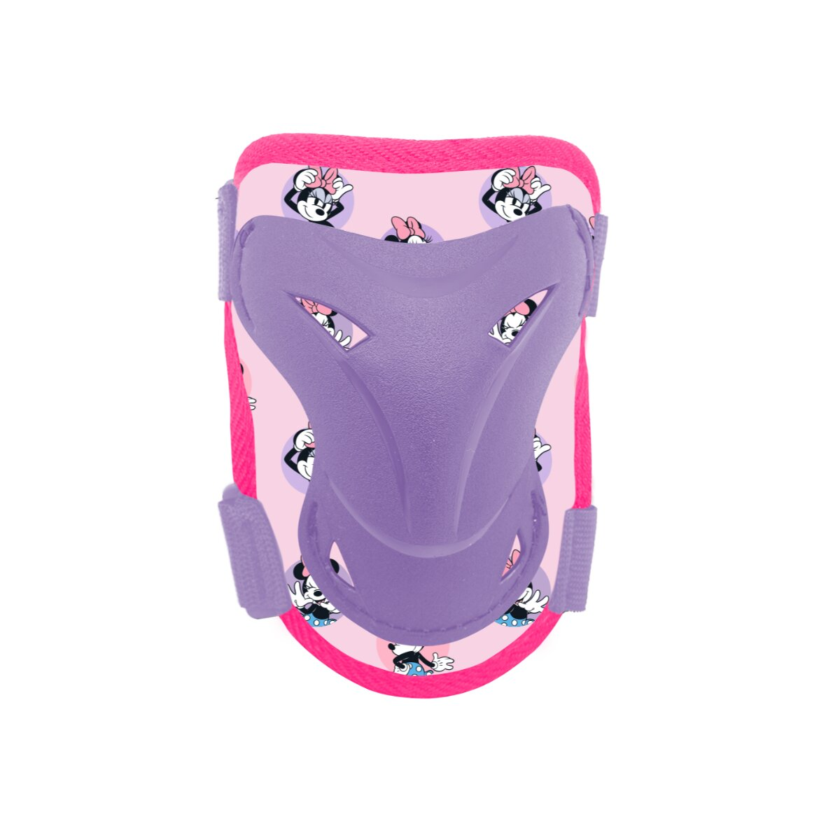 Ein Knieschützer mit Minnie Mouse-Design. Er hat eine lila Schutzschale und rosa Riemen.