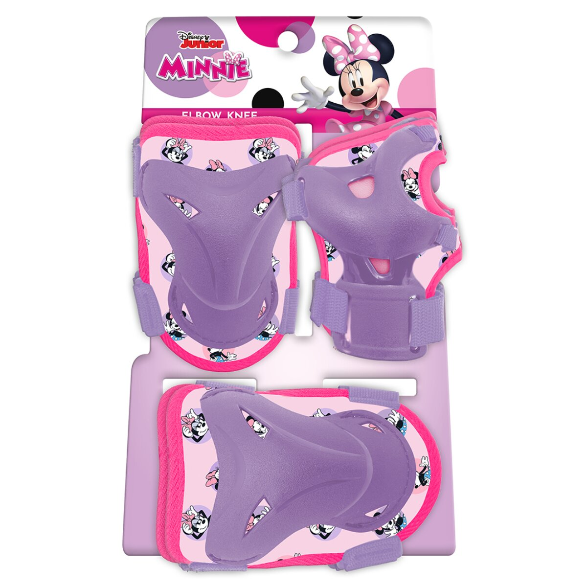 Ellenbogen- und Knieschützer in einer Packung. Pinke und lila Farben mit Minnie Mouse-Design. Für die Sicherheit von Kindern.