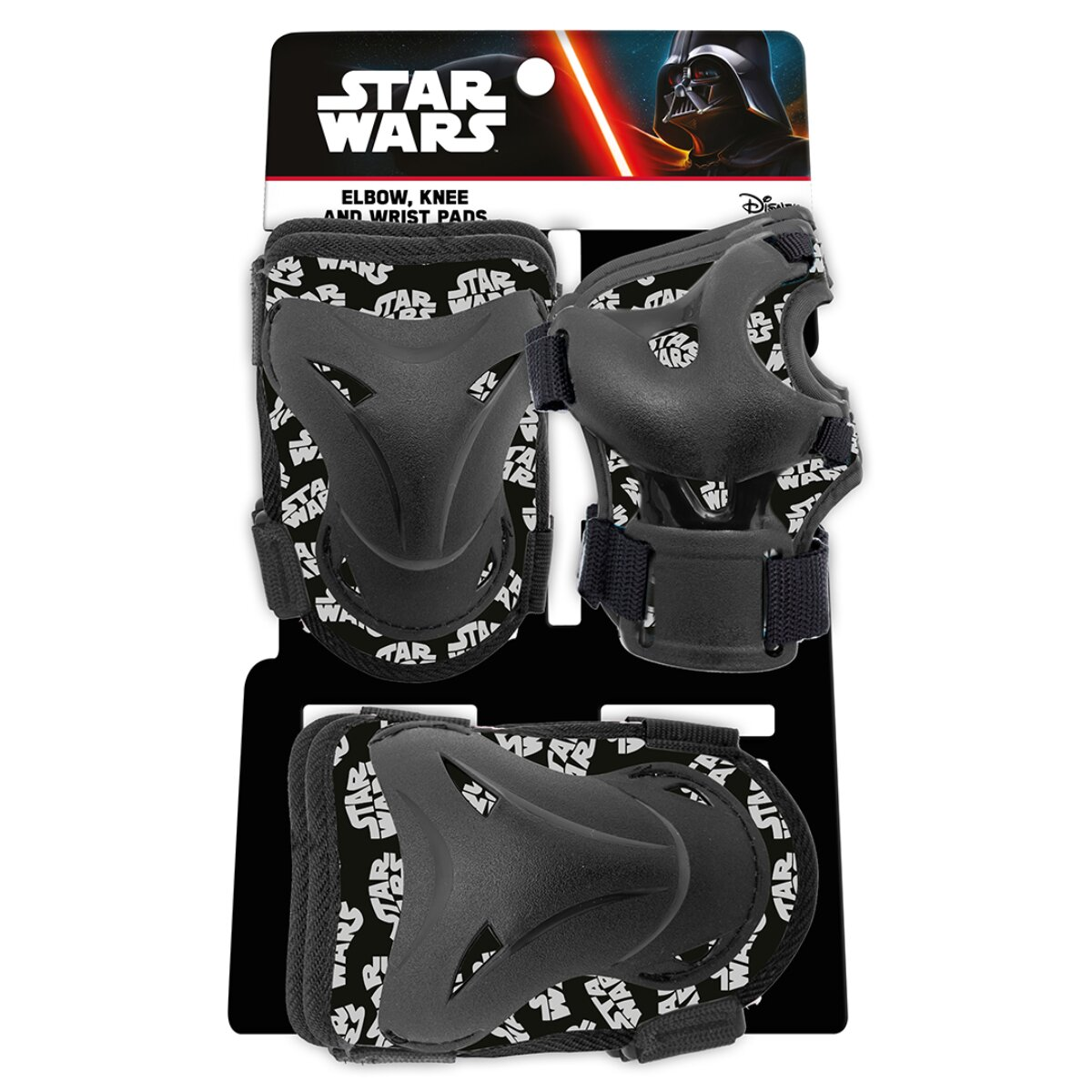 Schwarze Star Wars Ellbogen-, Knie- und Handgelenk-Schützer. Enthält drei Pads mit Star Wars Logo.