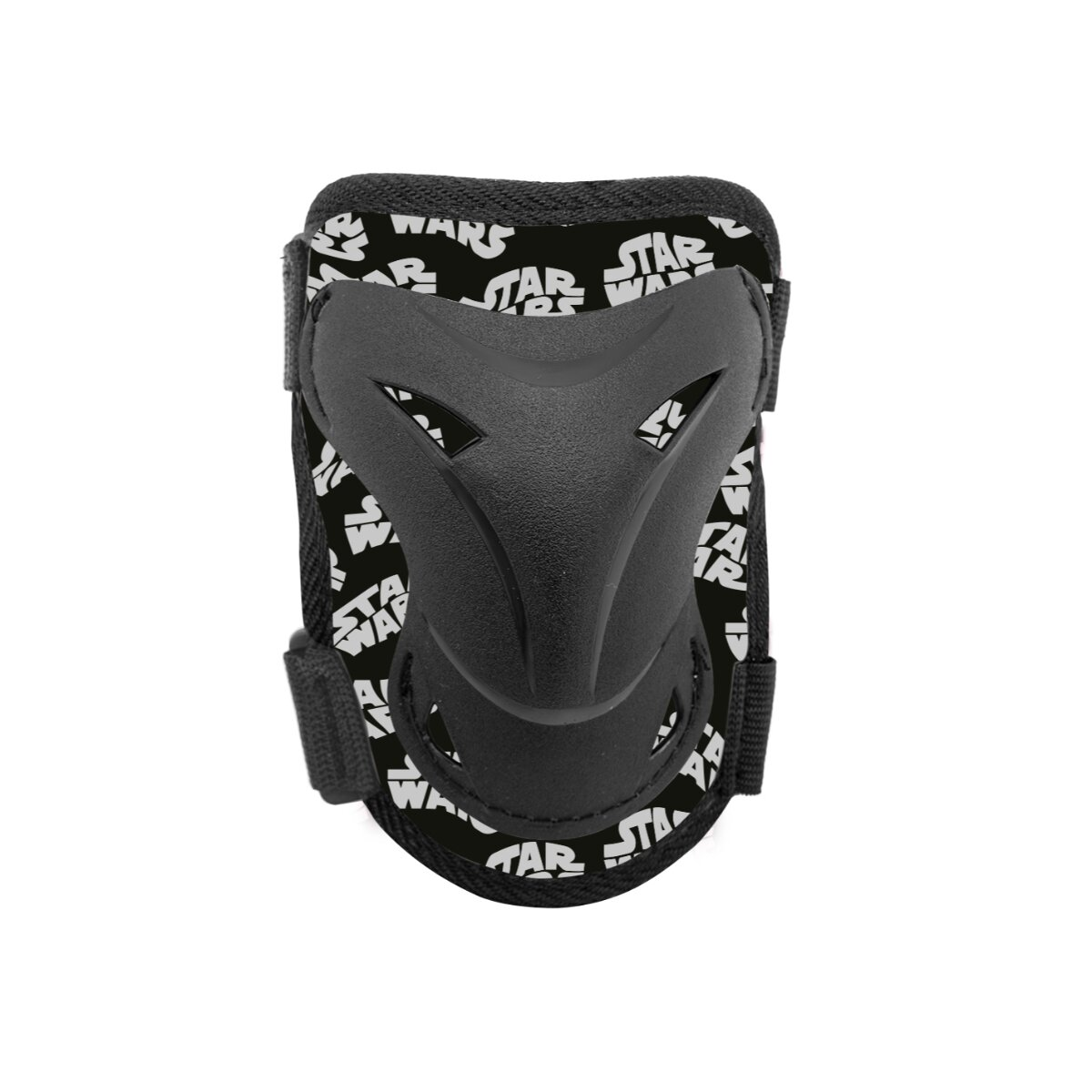 Schwarze Star Wars Knieschützer. Die Pads haben eine schwarze Basis mit weißem Star Wars-Text darauf.