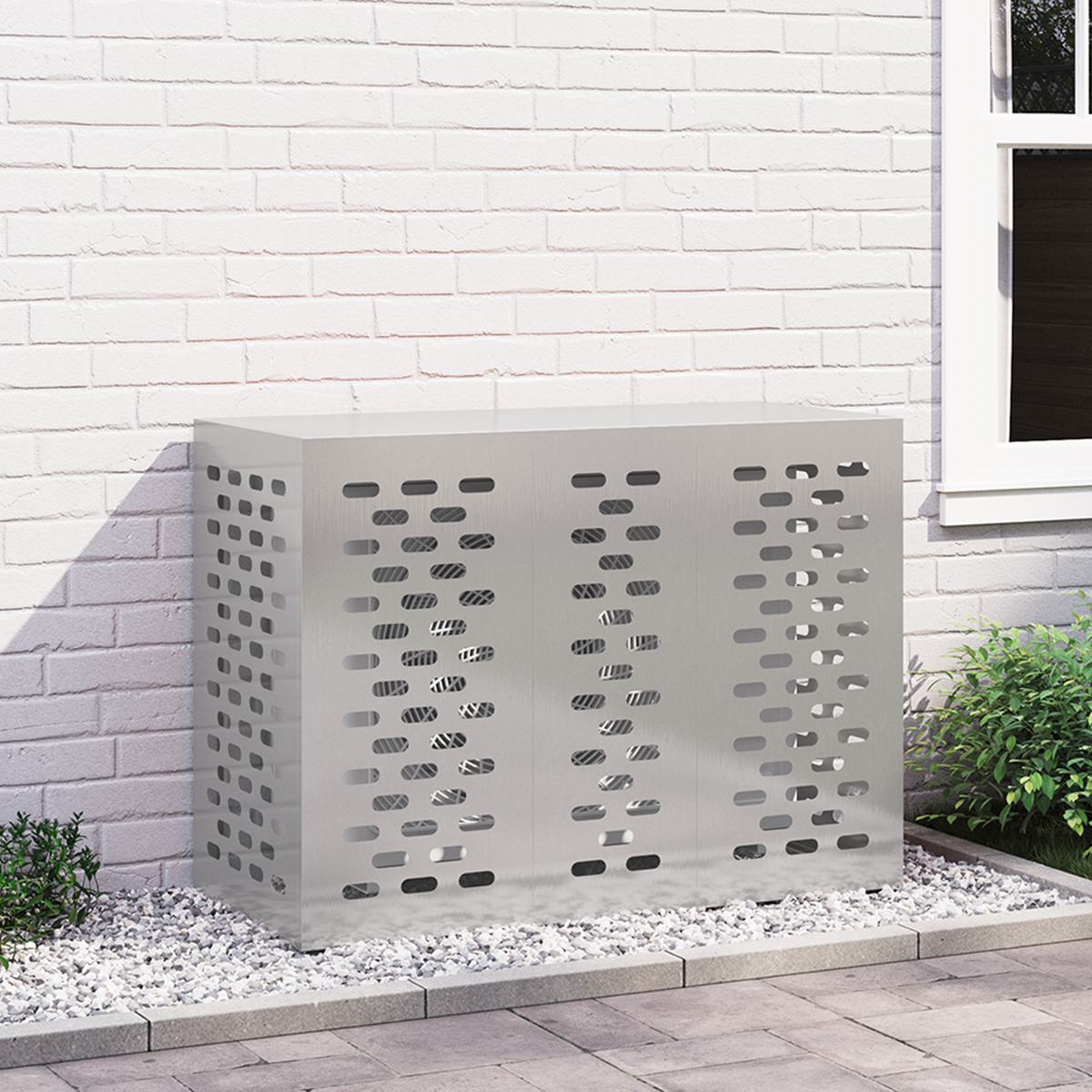 Eine silberne Klimaanlagenabdeckung vor einer weißen Ziegelmauer. Die Abdeckung hat ein perforiertes Design.