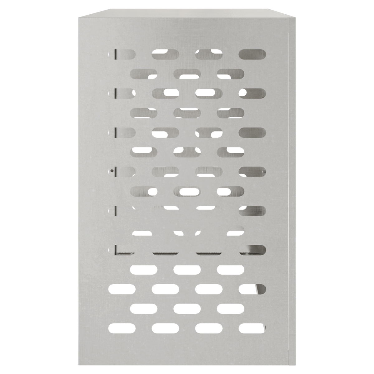 Eine silberne Metall-Klimaanlagenabdeckung mit horizontalen Schlitzen. Sie ist rechteckig und hat ein symmetrisches Design.