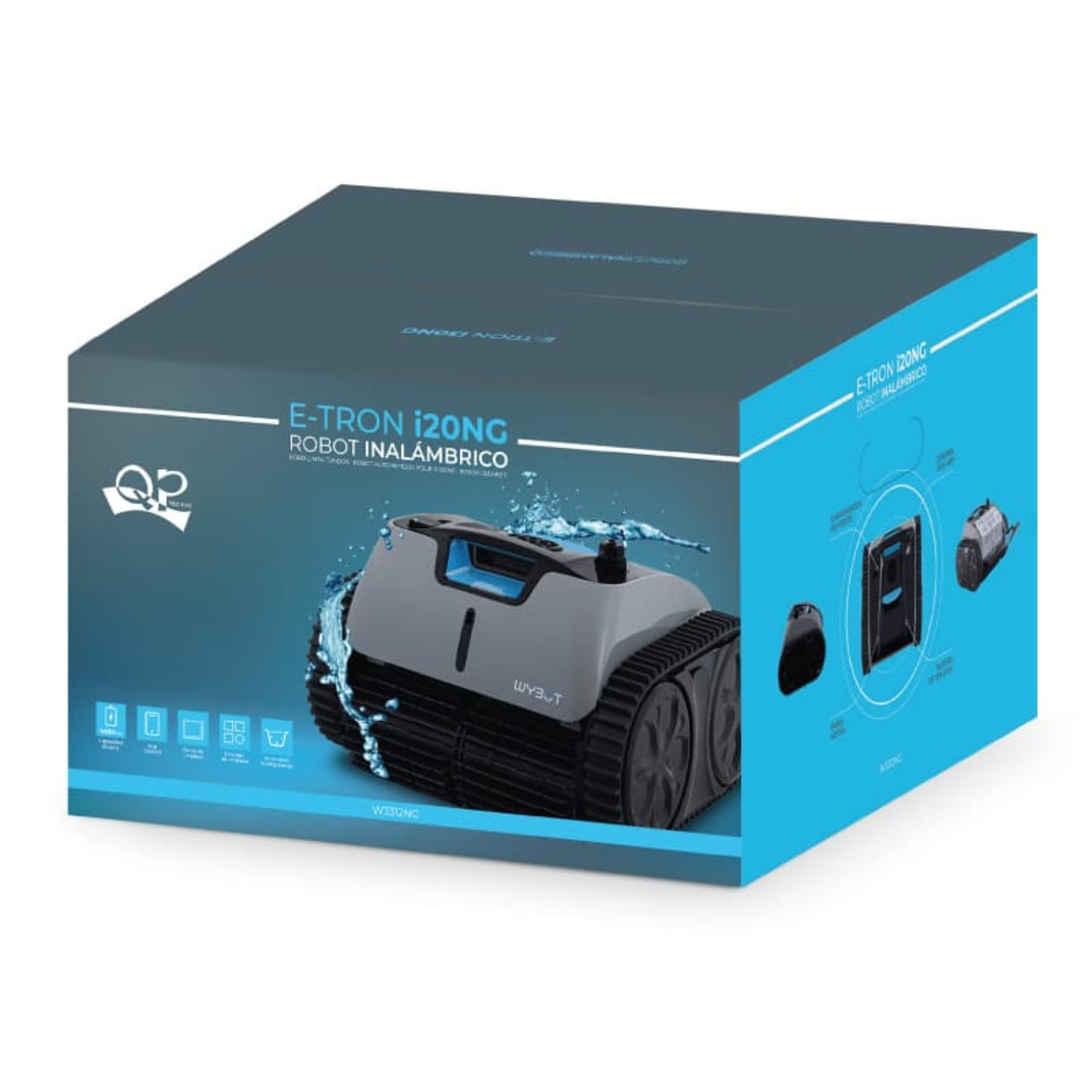 Scatola con robot per la pulizia della piscina all'interno. Design blu e grigio. Testo: 'E-Tron i20NG Robot Inalambrico'.