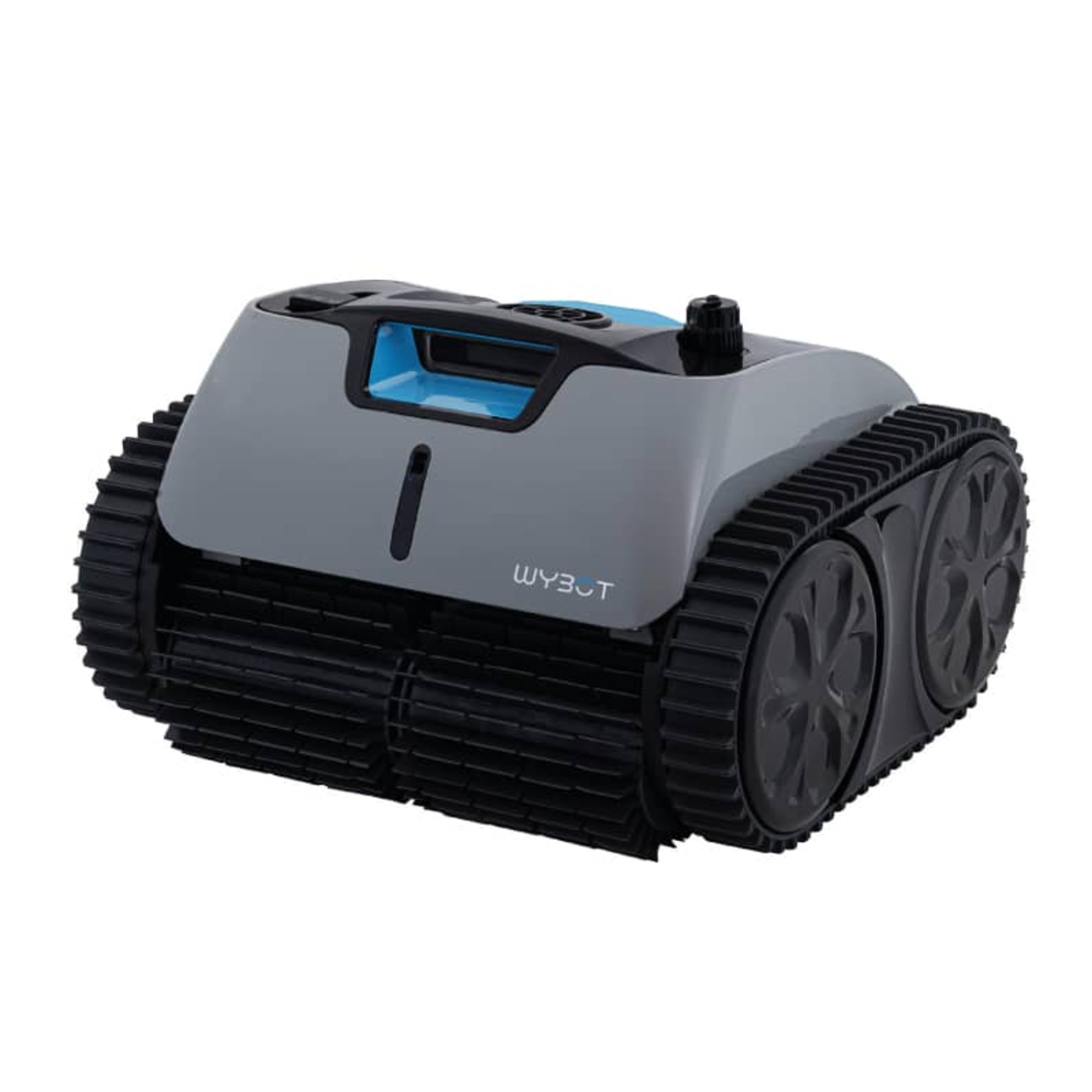 Robot per la pulizia della piscina. Parte superiore grigia, cingoli e ruote neri. Accento blu. Testo WYBOT sul lato.