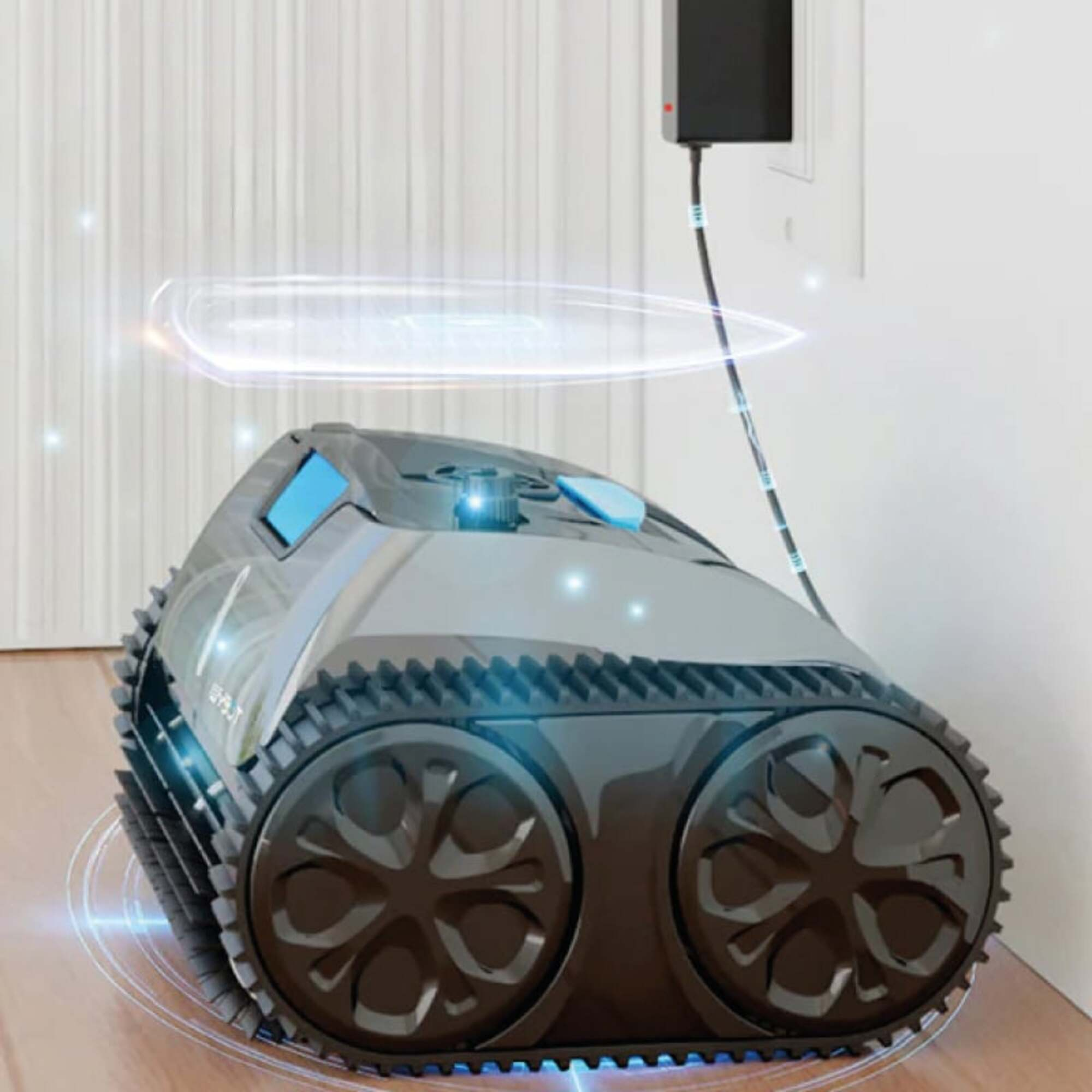 Robot pulitore in carica con un cavo. Luce blu attorno al robot. Parete bianca.