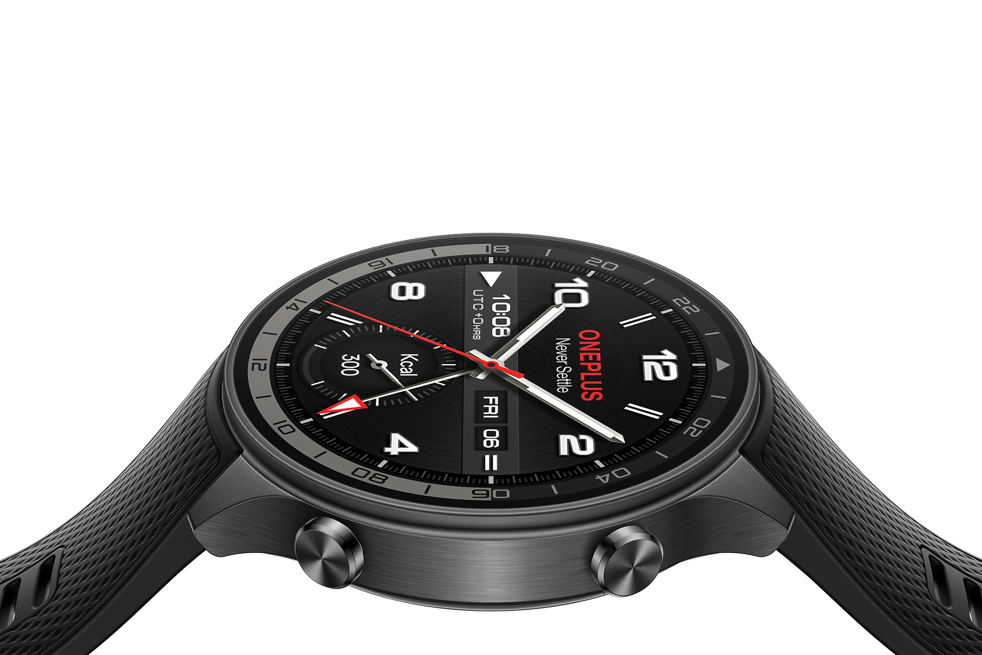 Czarny smartwatch wyświetlający godzinę i wskaźniki zdrowia na ekranie, na białym tle.