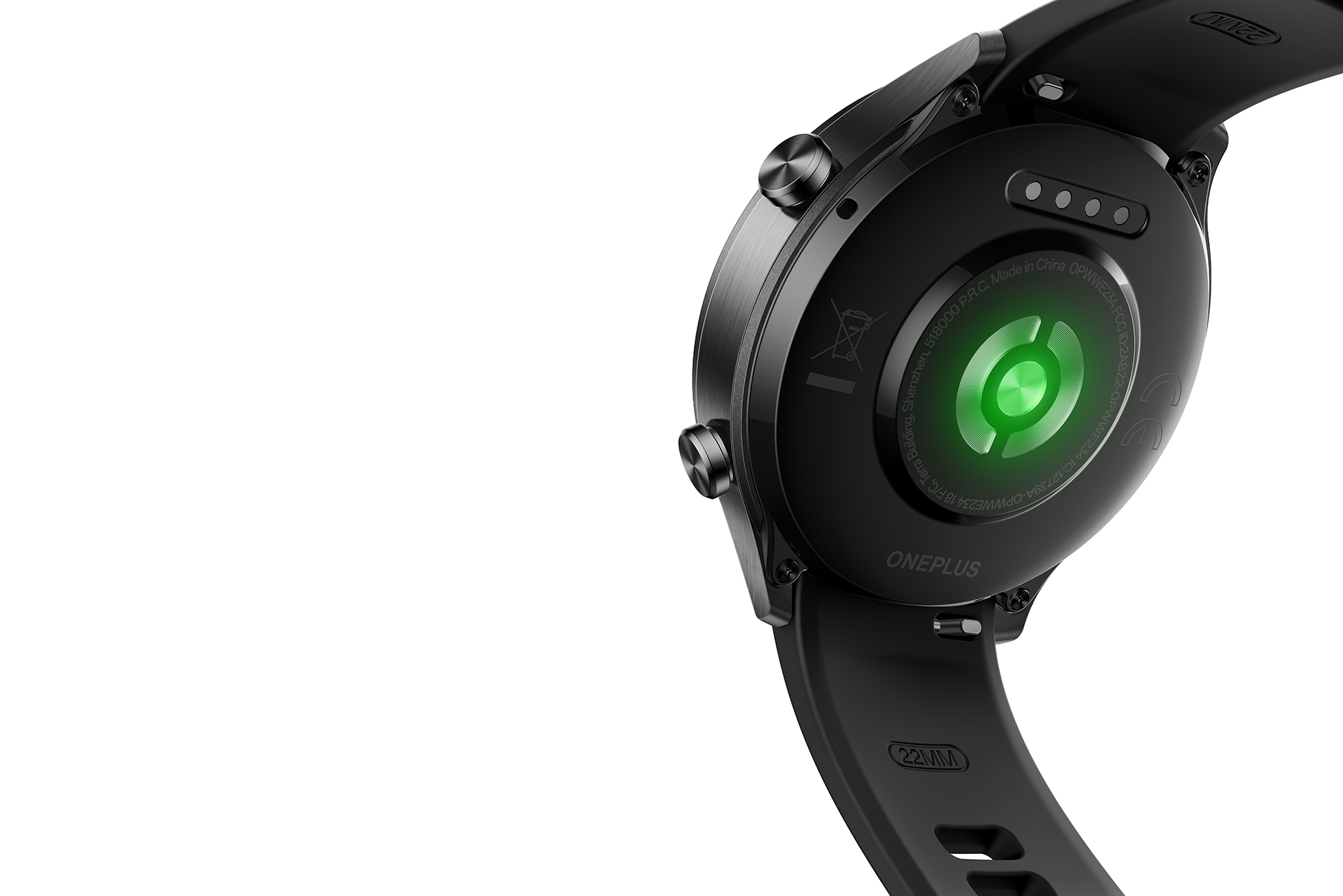 Czarny smartwatch, tył pokazuje czujniki i zielone światło, na białym tle.