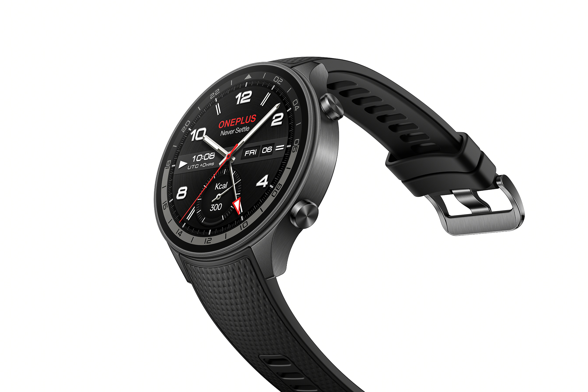Czarny smartwatch z szarą ramką i czarnym paskiem.