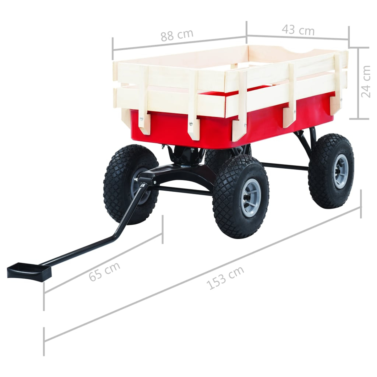 Roter Bollerwagen mit Holzseiten und Maßen, mit schwarzem Griff, auf Weiß.