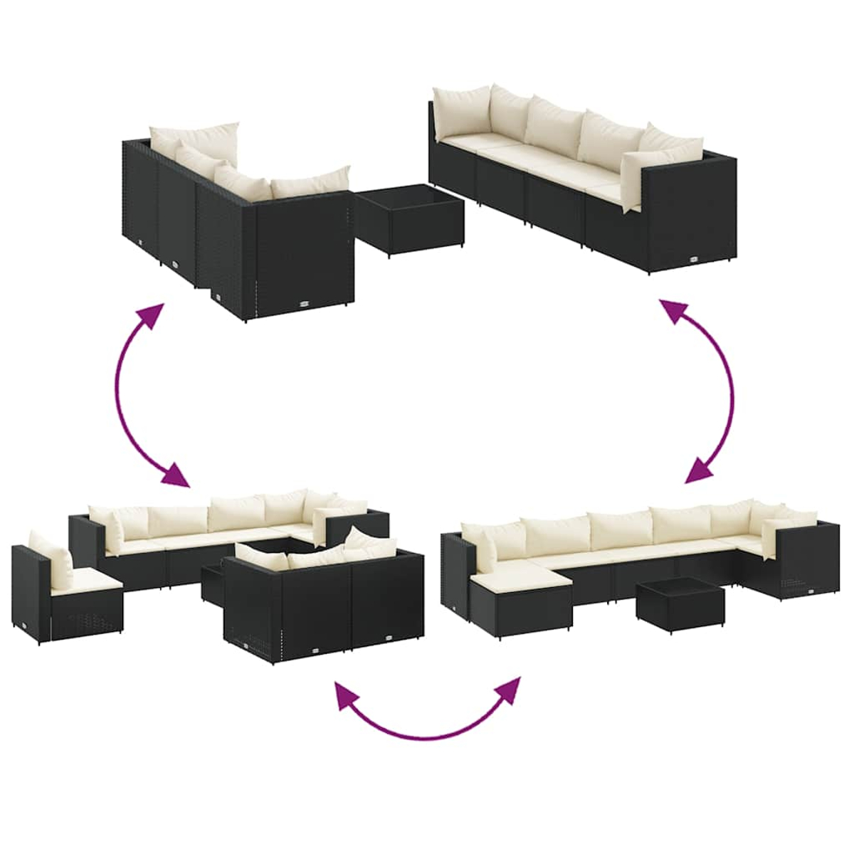 Ein Diagramm, das verschiedene Konfigurationen eines schwarzen Korbstoff-Sofa-Sets zeigt.
