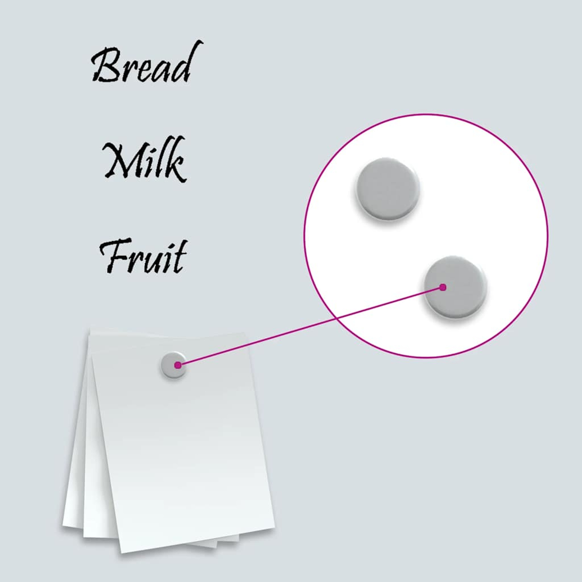 Hellgrauer Hintergrund mit Text 'Bread, Milk, Fruit'. Magnete halten Papiernotizen.