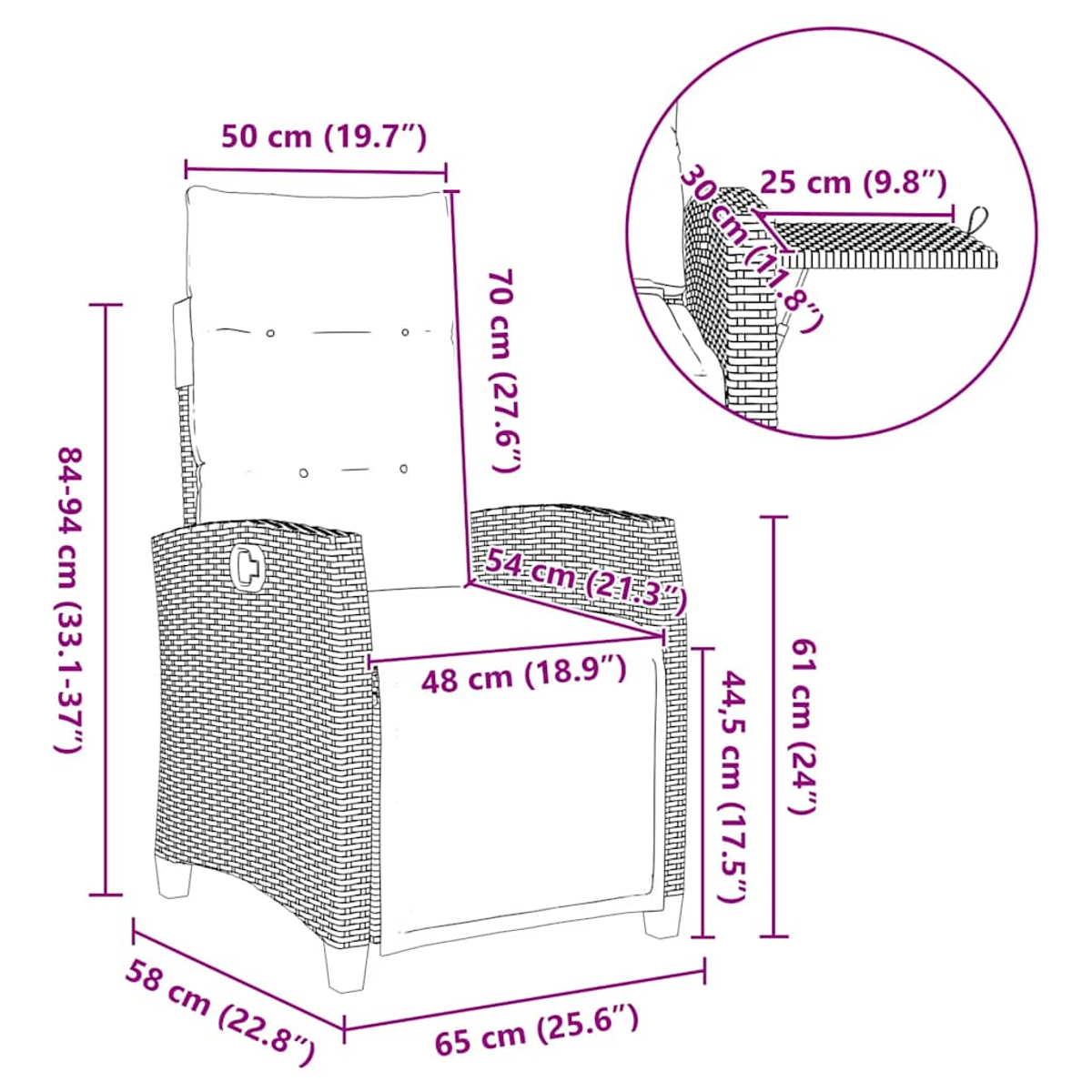 Diagramma di una poltrona reclinabile in vimini con dimensioni in centimetri e pollici.