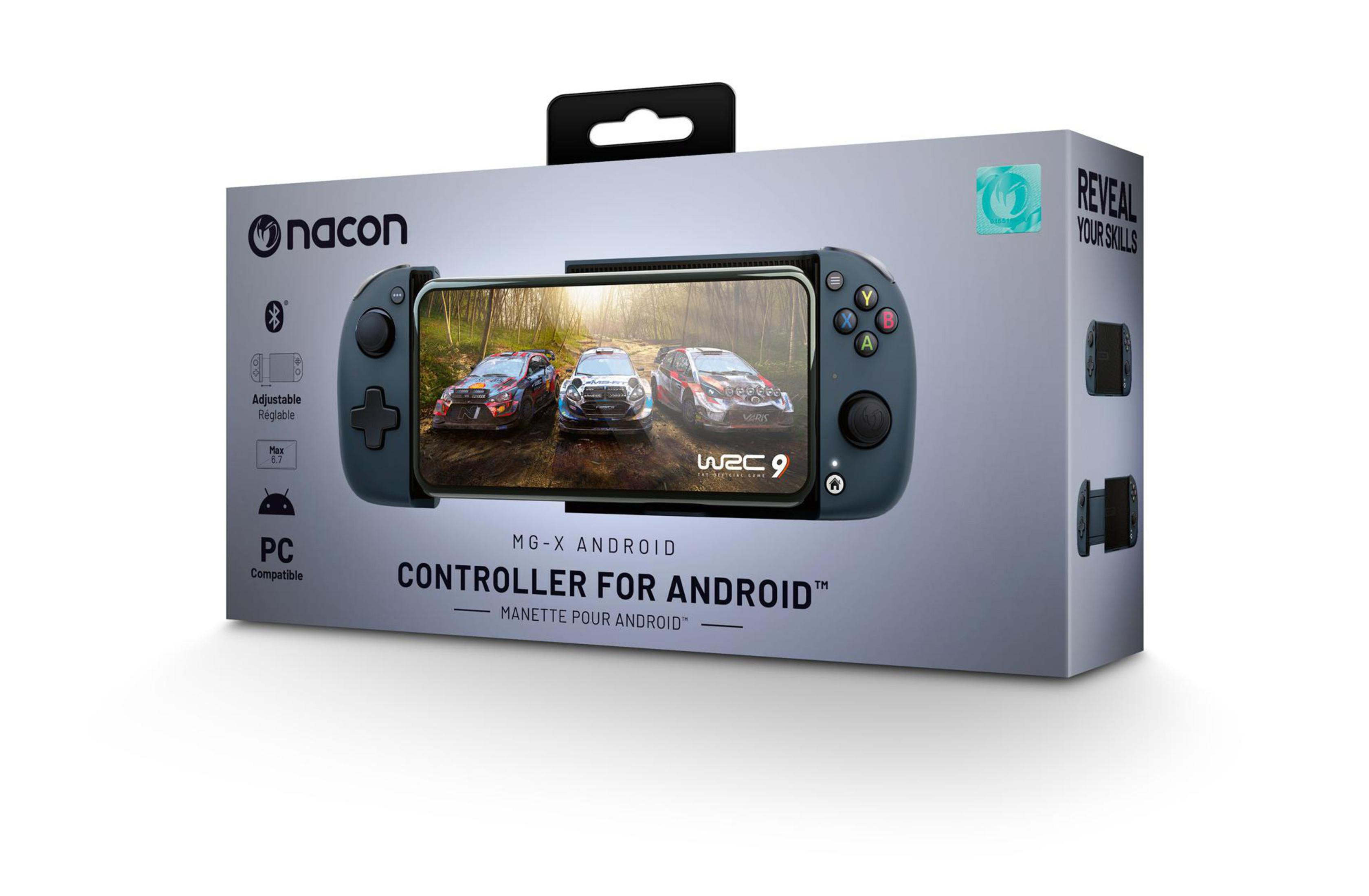 Kontroler do telefonów z systemem Android w pudełku, z dołączonym telefonem, pokazujący grę wyścigową.