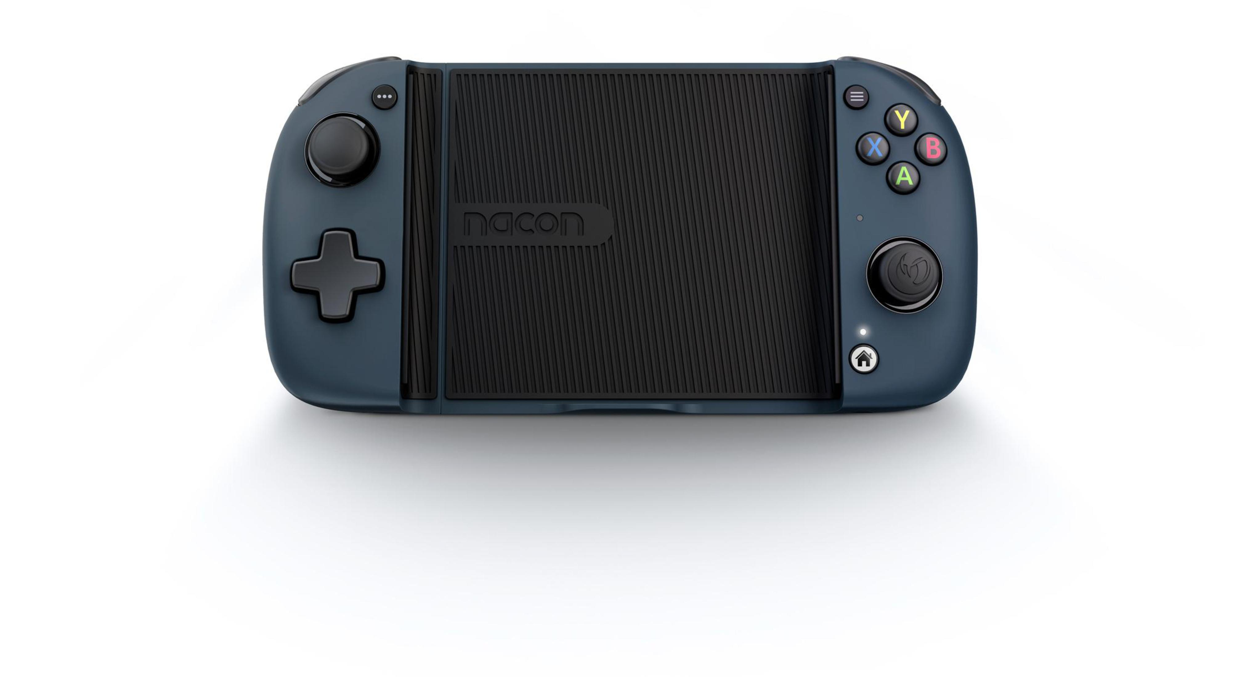 Niebiesko-szary kontroler do telefonów z systemem Android. Posiada przyciski i d-pad.