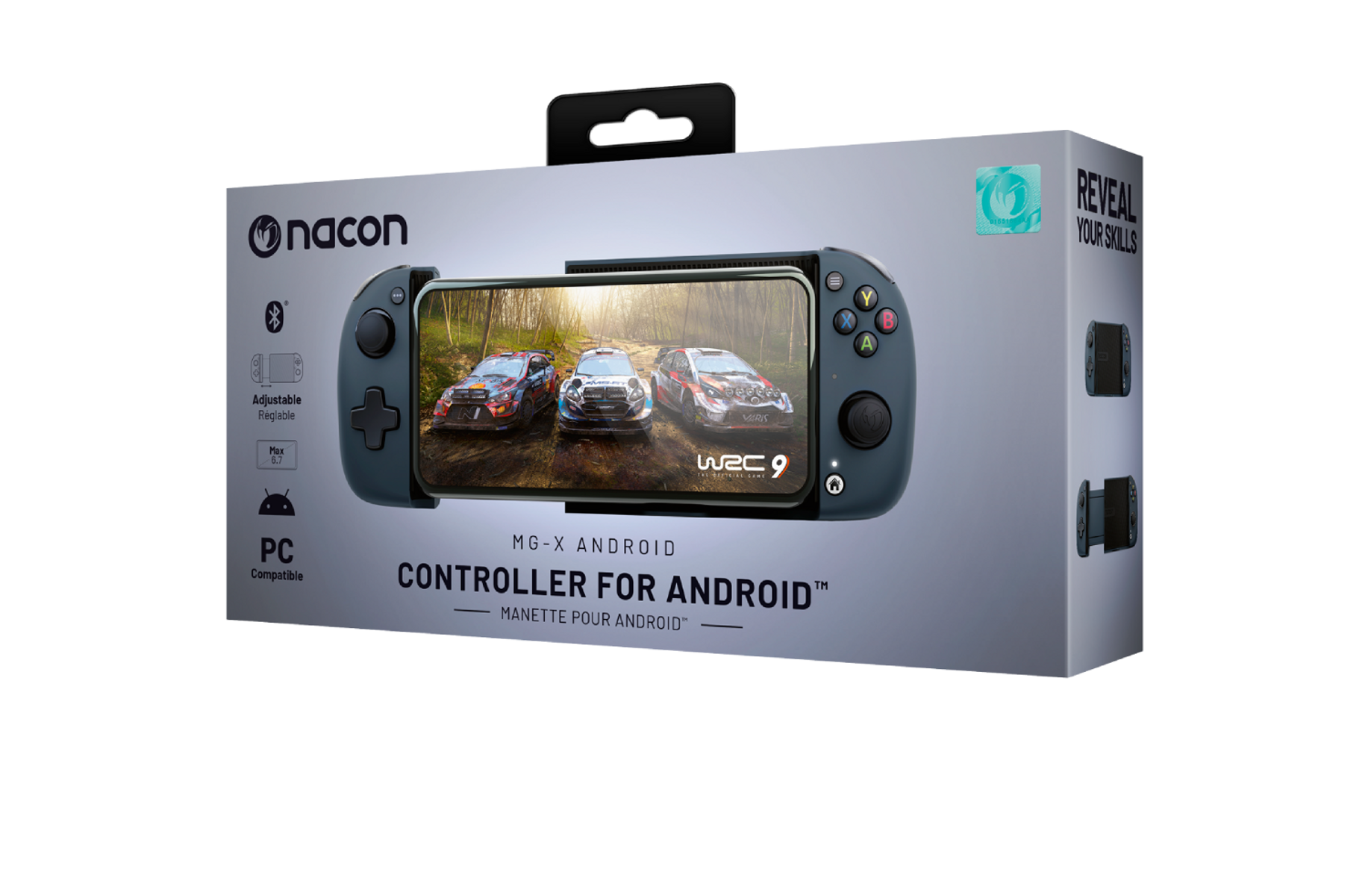 Pudełko kontrolera gier dla systemu Android. Wyświetla ekran gry i sam kontroler. Schemat kolorów biało-szary.