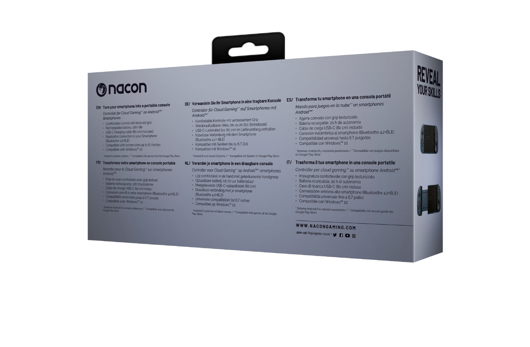 Tył pudełka kontrolera pokazuje informacje w wielu językach, w tym angielskim, francuskim i niemieckim.