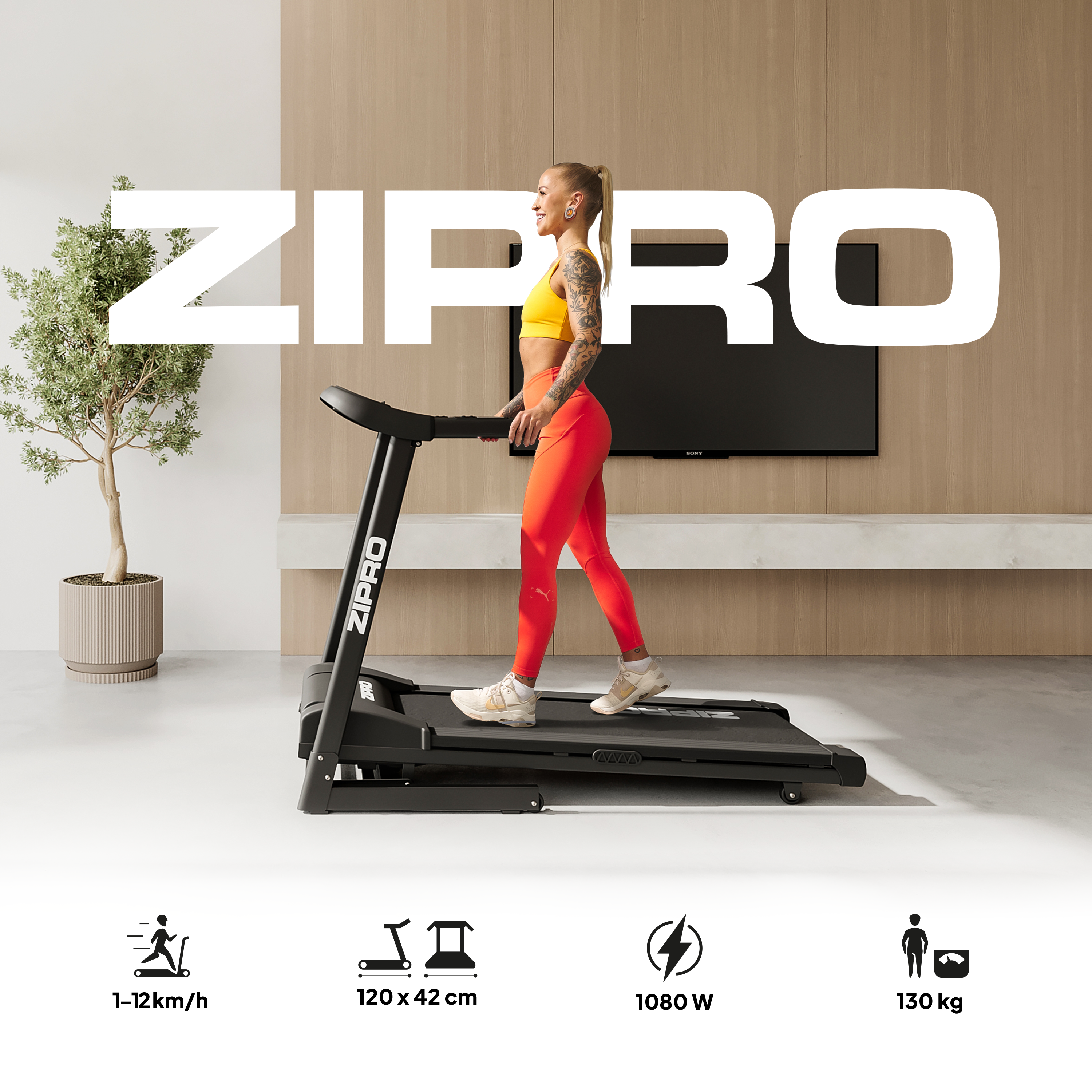 Frau auf einem Laufband mit dem Wort ZIPRO. Symbole mit Geschwindigkeit, Größe und Leistung.