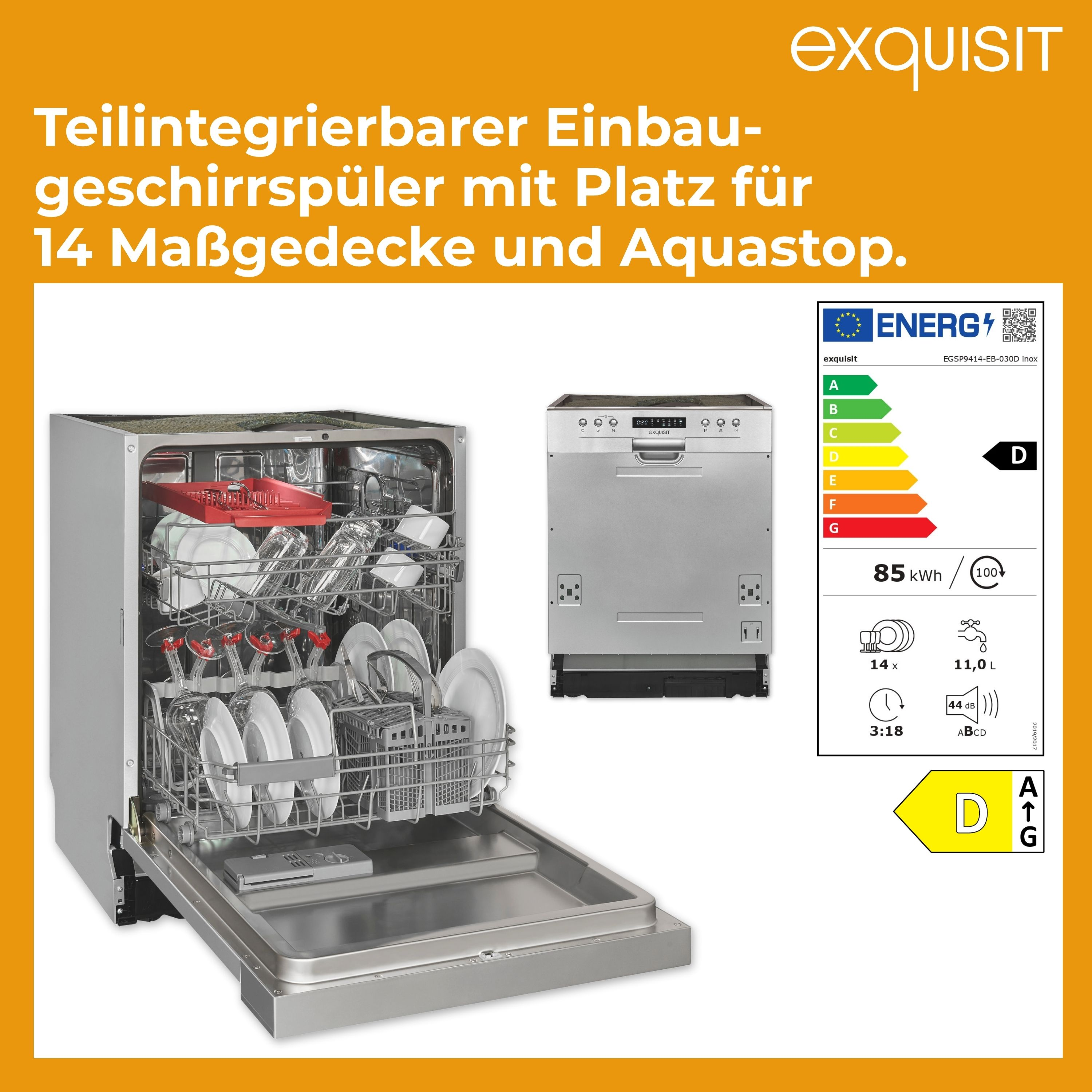 Geschirrspüler mit offener Tür, voll mit Geschirr. Energieetikett rechts.