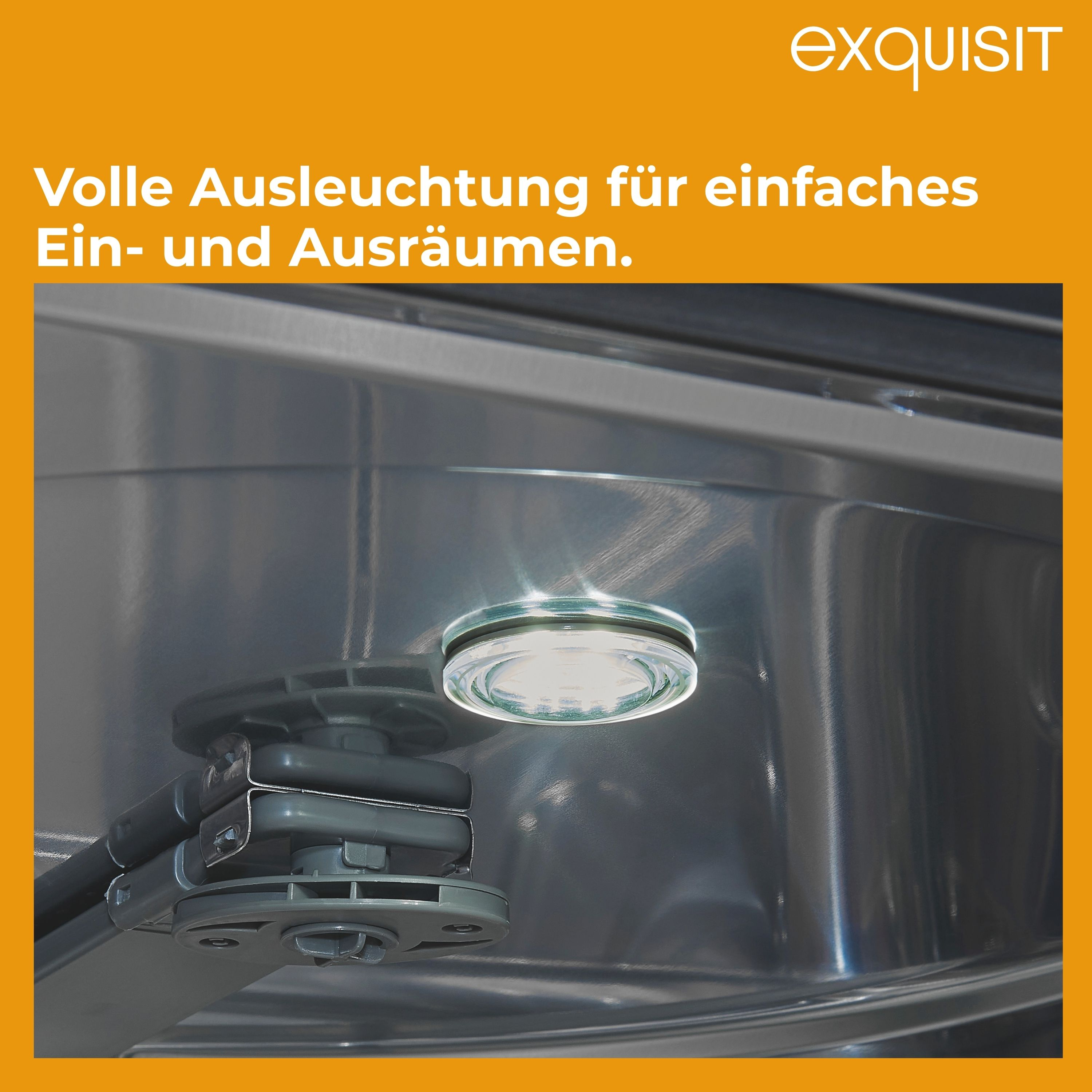 Geschirrspüler-Innenraum mit Licht. Das Licht ist eine runde, weiße LED.